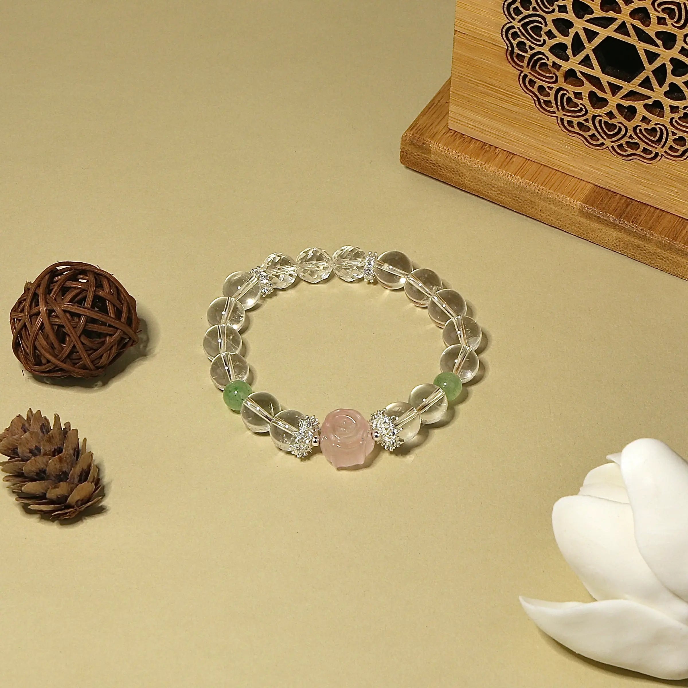 10mm Clear Quartz Rose Harmony and Love Bracelet