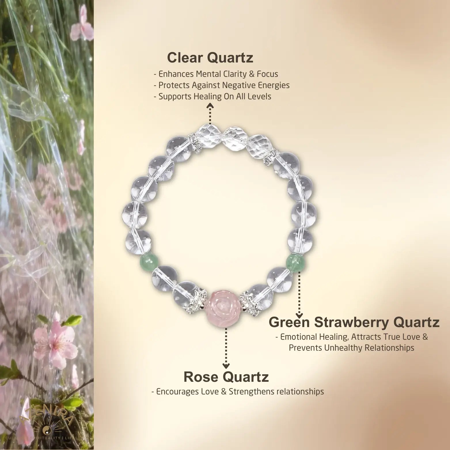 All Crystal Intentions of 10mm Clear Quartz Rose Harmony and Love Bracelet