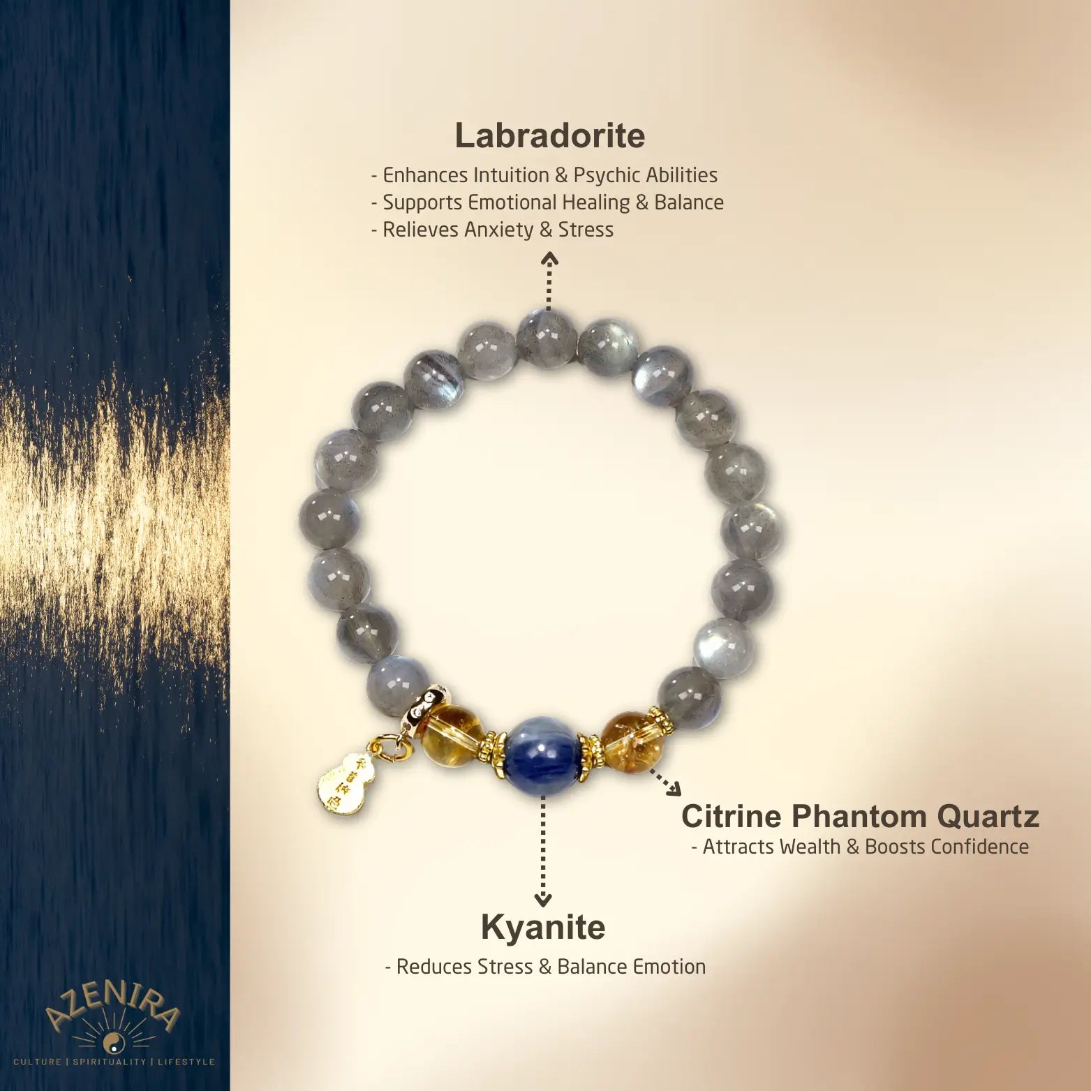 All Crystal Intentions of 10mm Moonstone & Kyanite Harmony Bracelet with Gourd Charm