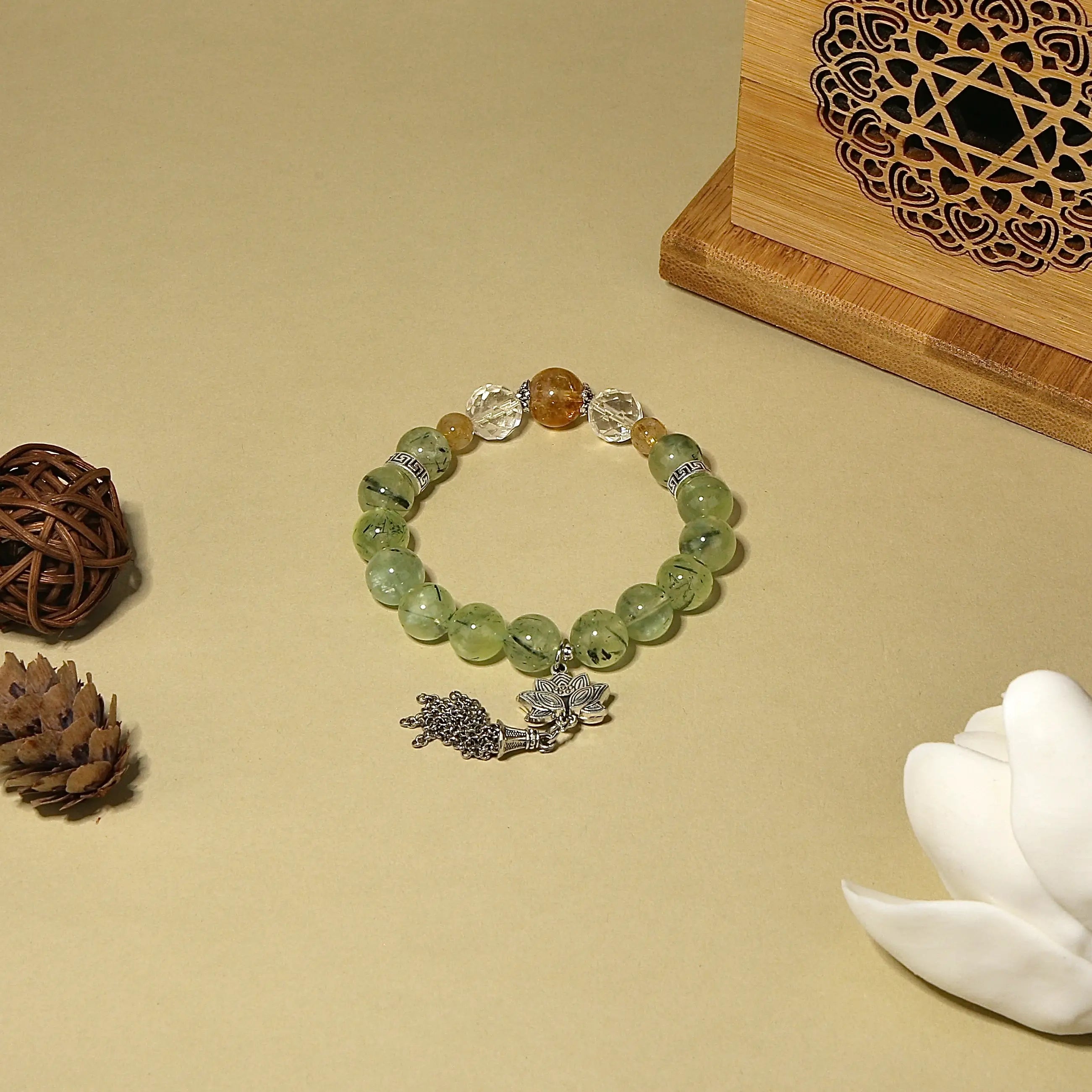 10mm Prehnite Bracelet with Citrine & Lotus Tassel