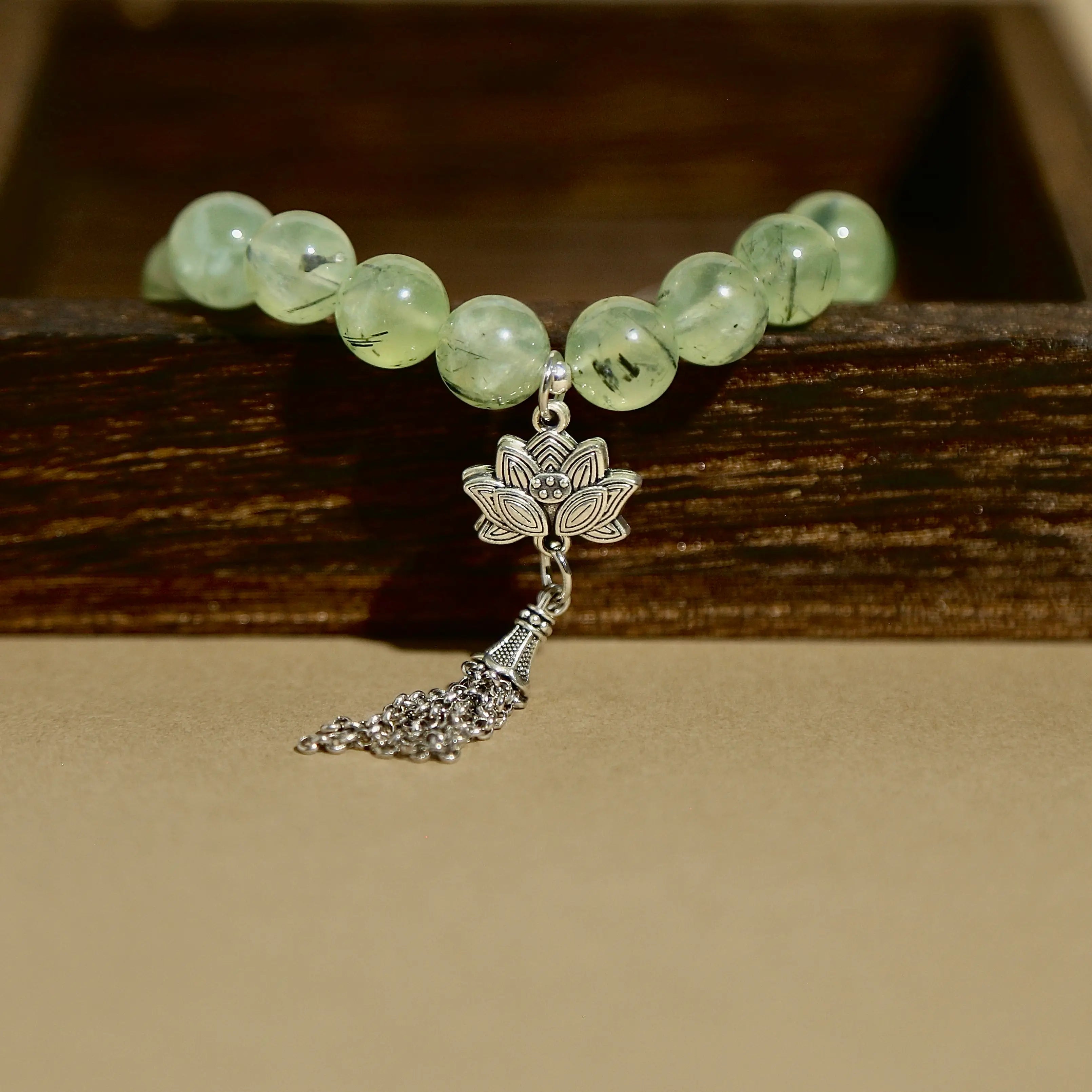 10mm Prehnite Bracelet with Citrine & Lotus Tassel