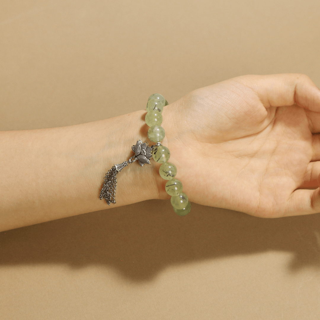 10mm Prehnite Bracelet with Citrine & Lotus Tassel