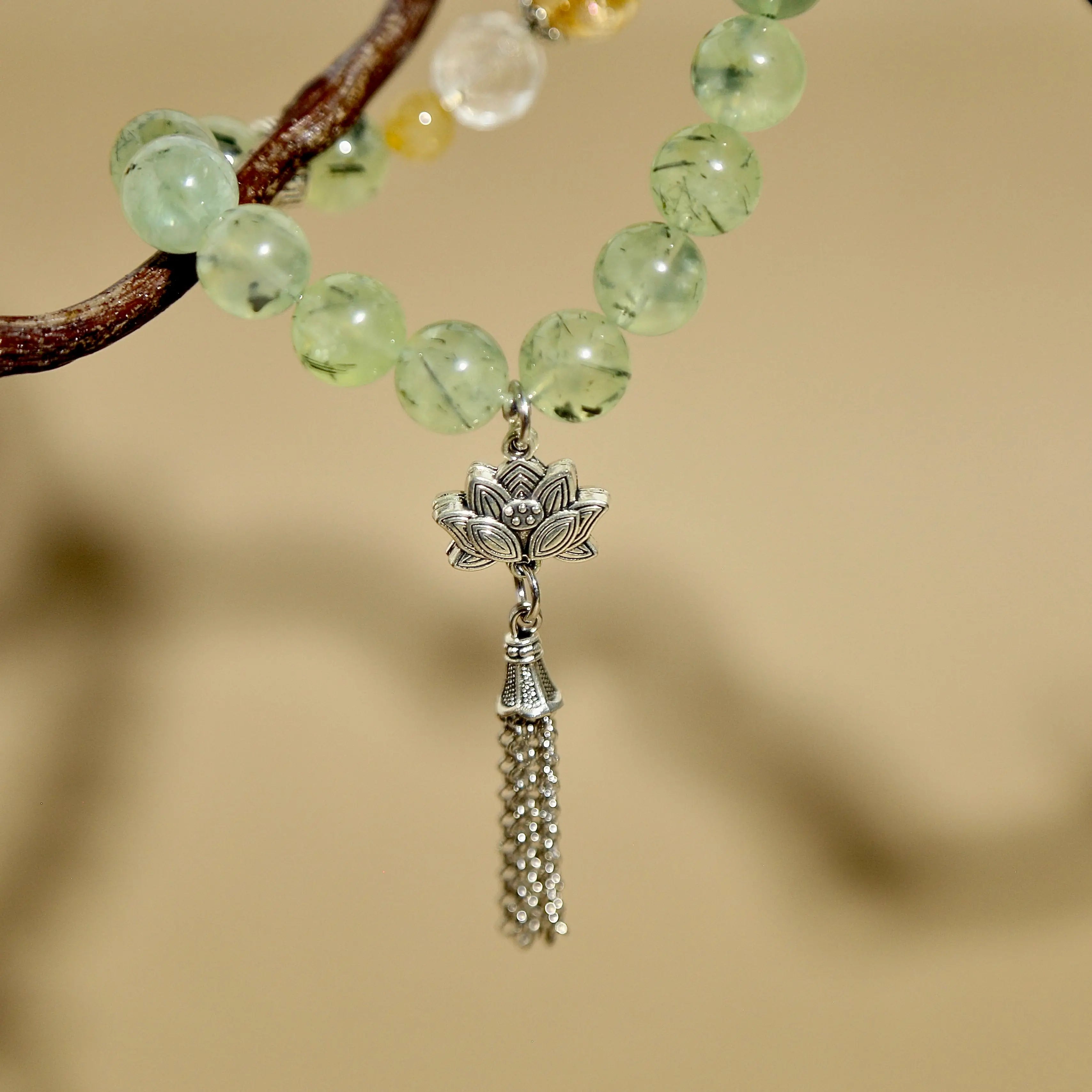 10mm Prehnite Bracelet with Citrine & Lotus Tassel