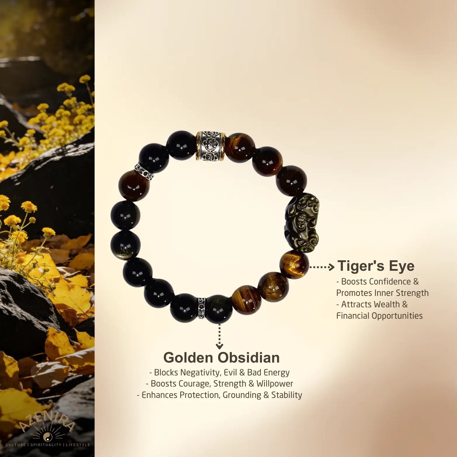 All Crystal Intentions of 12mm Golden Obsidian Bracelet with Pixiu & Tibetan Prayer Wheel Bead