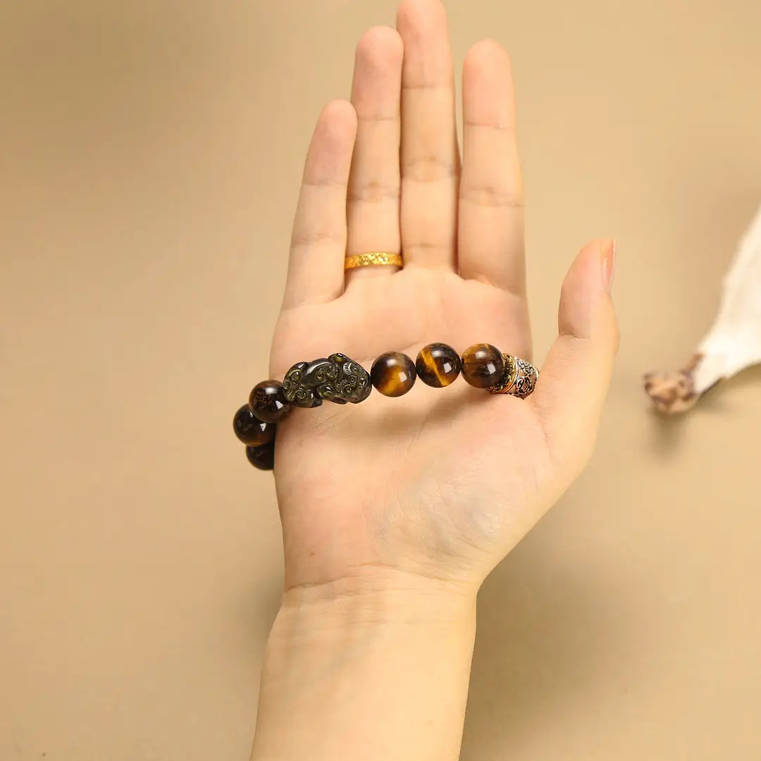 12mm Golden Obsidian Bracelet with Pixiu & Tibetan Prayer Wheel Bead
