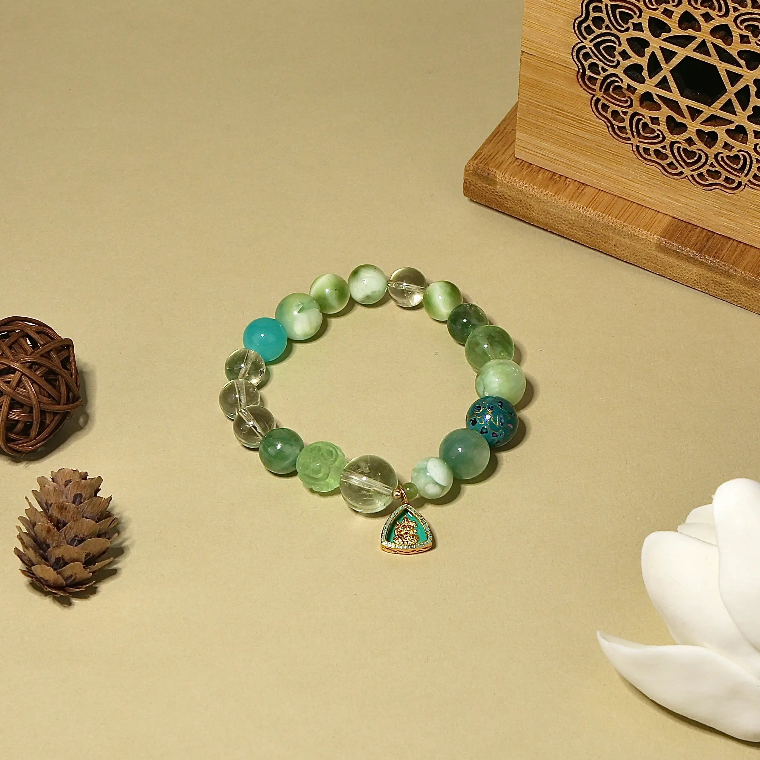12mm Green Crystal Harmony Bracelet with Green Tara Pendant, Designed for Healing and Healh