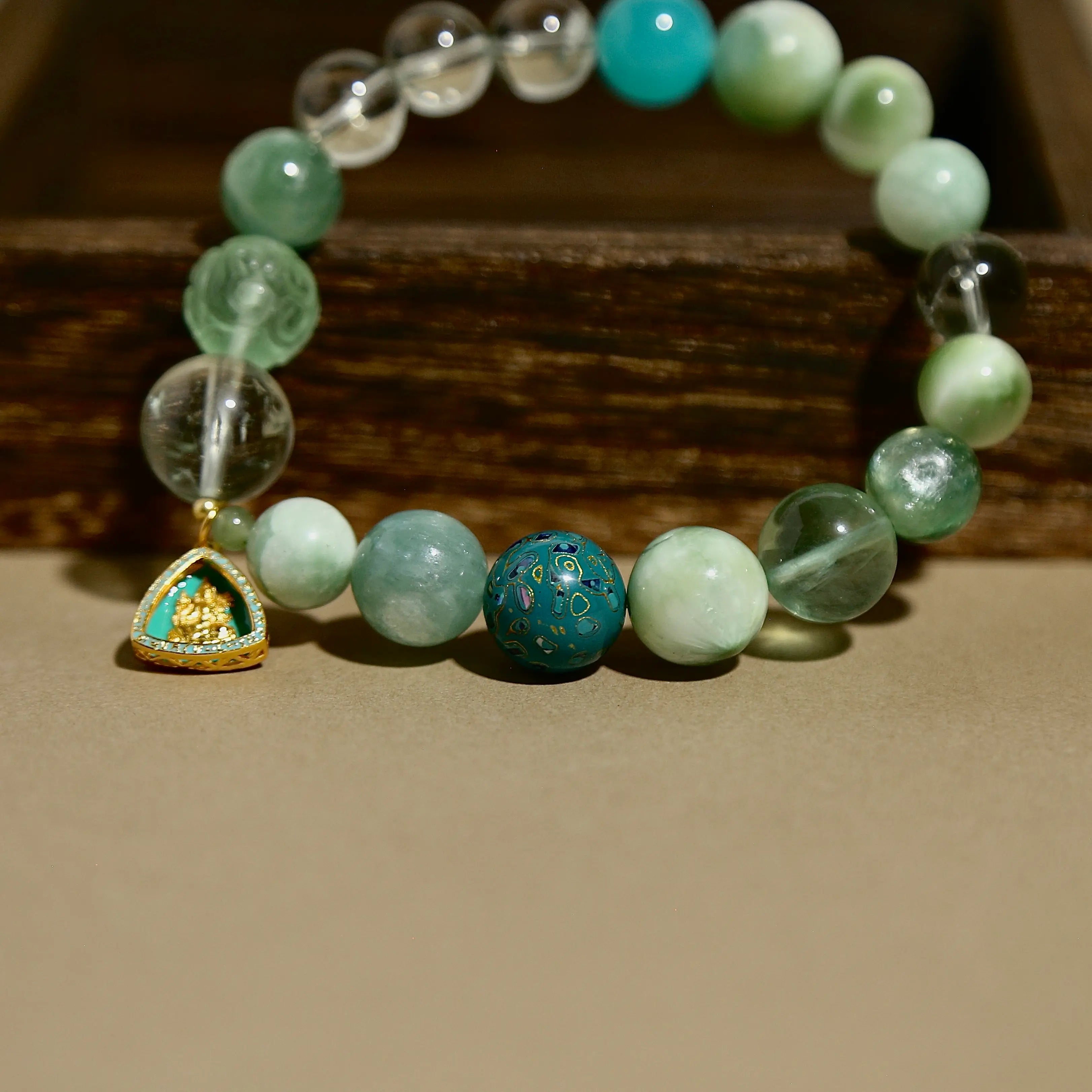 12mm Green Crystal Harmony Bracelet with Green Tara Pendant, Designed for Healing and Healh