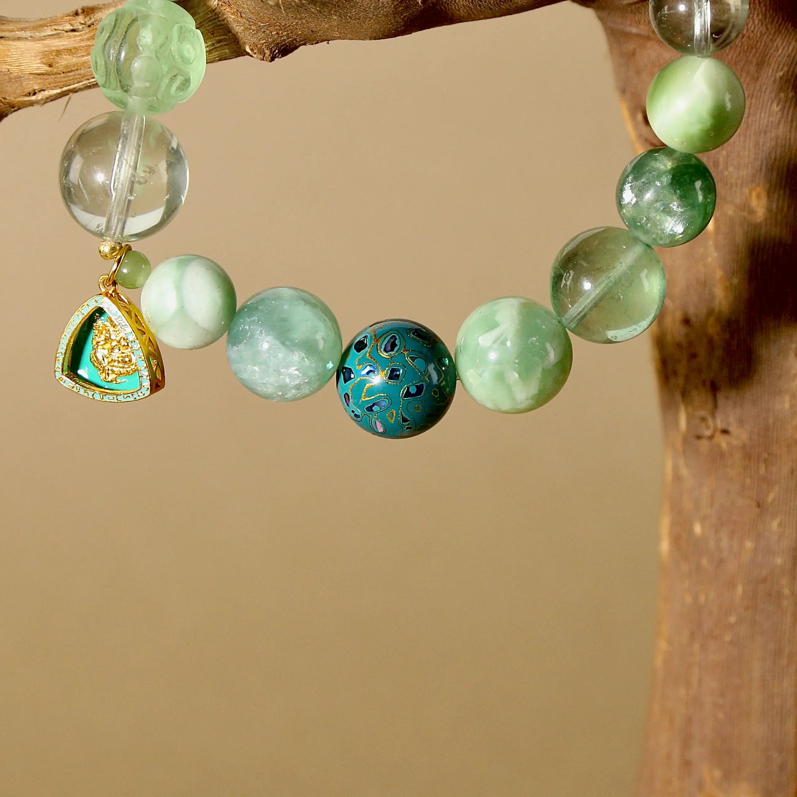 12mm Green Crystal Harmony Bracelet with Green Tara Pendant, Designed for Healing and Healh