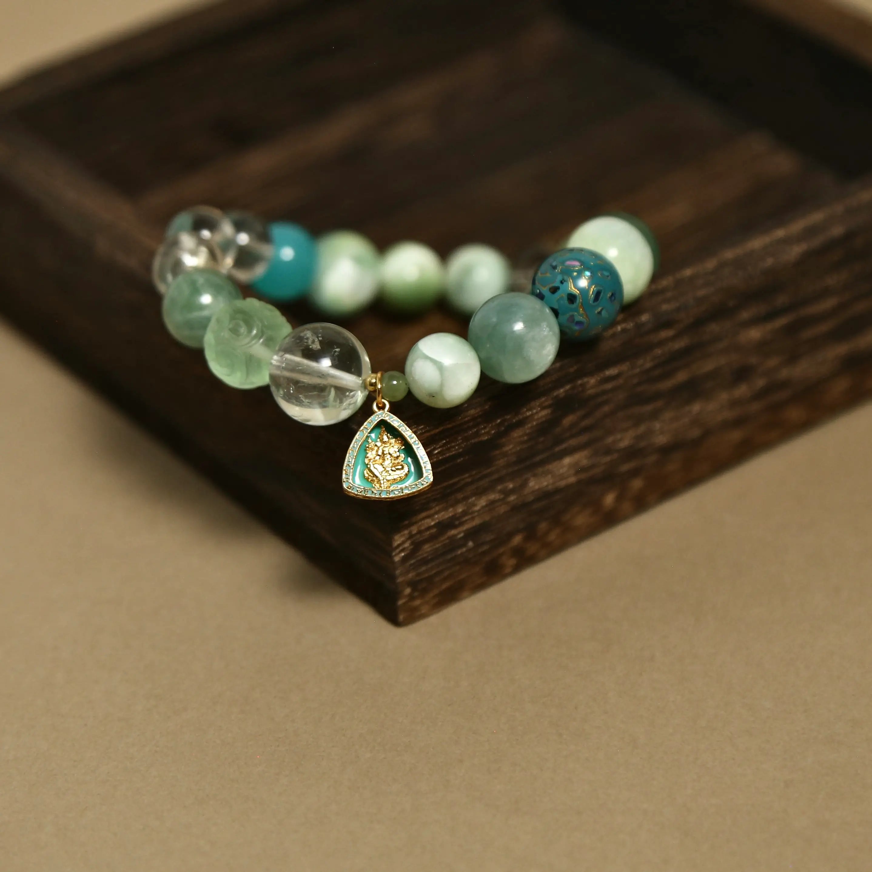12mm Green Crystal Harmony Bracelet with Green Tara Pendant, Designed for Healing and Healh