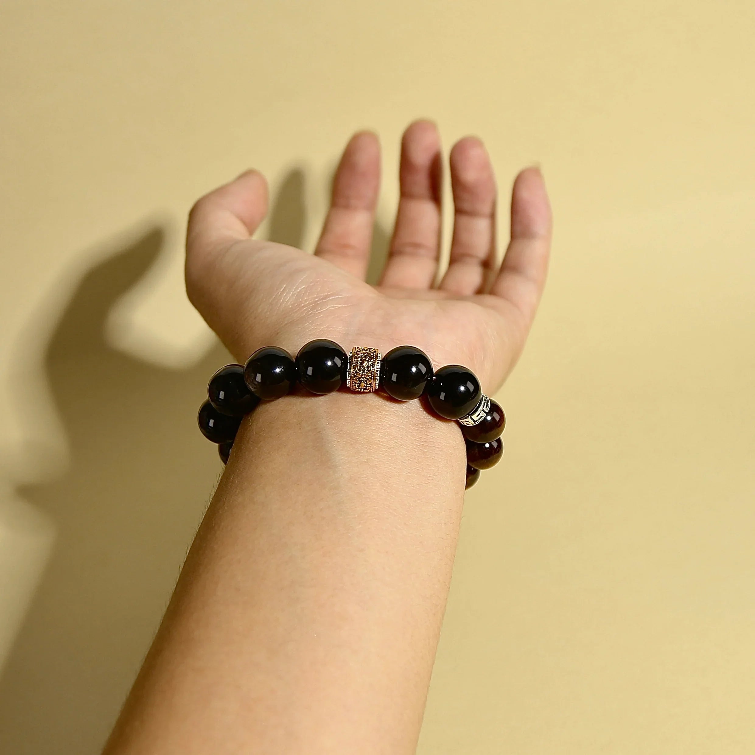 14mm Silver Obsidian Bracelet with Tibetan Prayer Wheel Bead