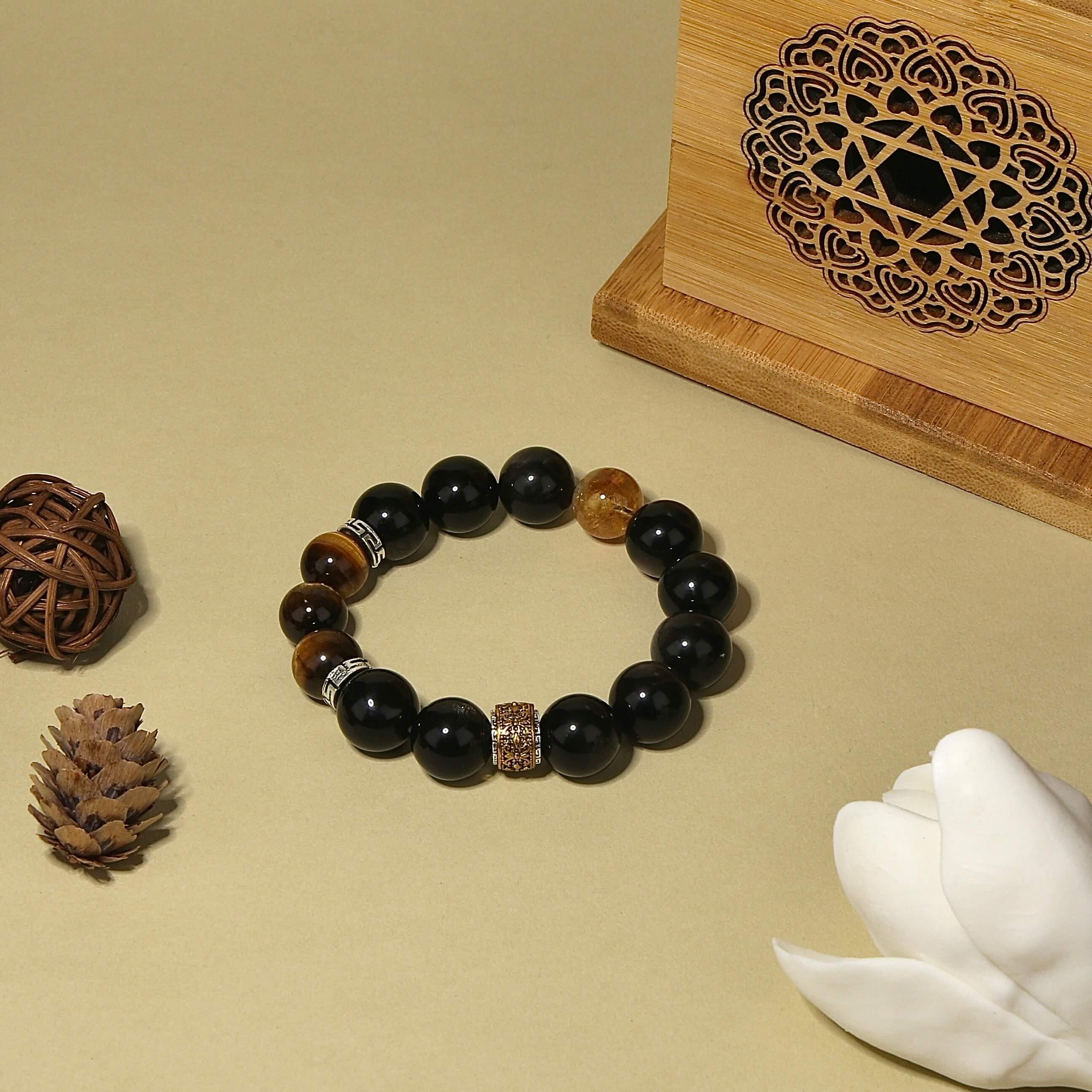 14mm Silver Obsidian Bracelet with Tibetan Prayer Wheel Bead