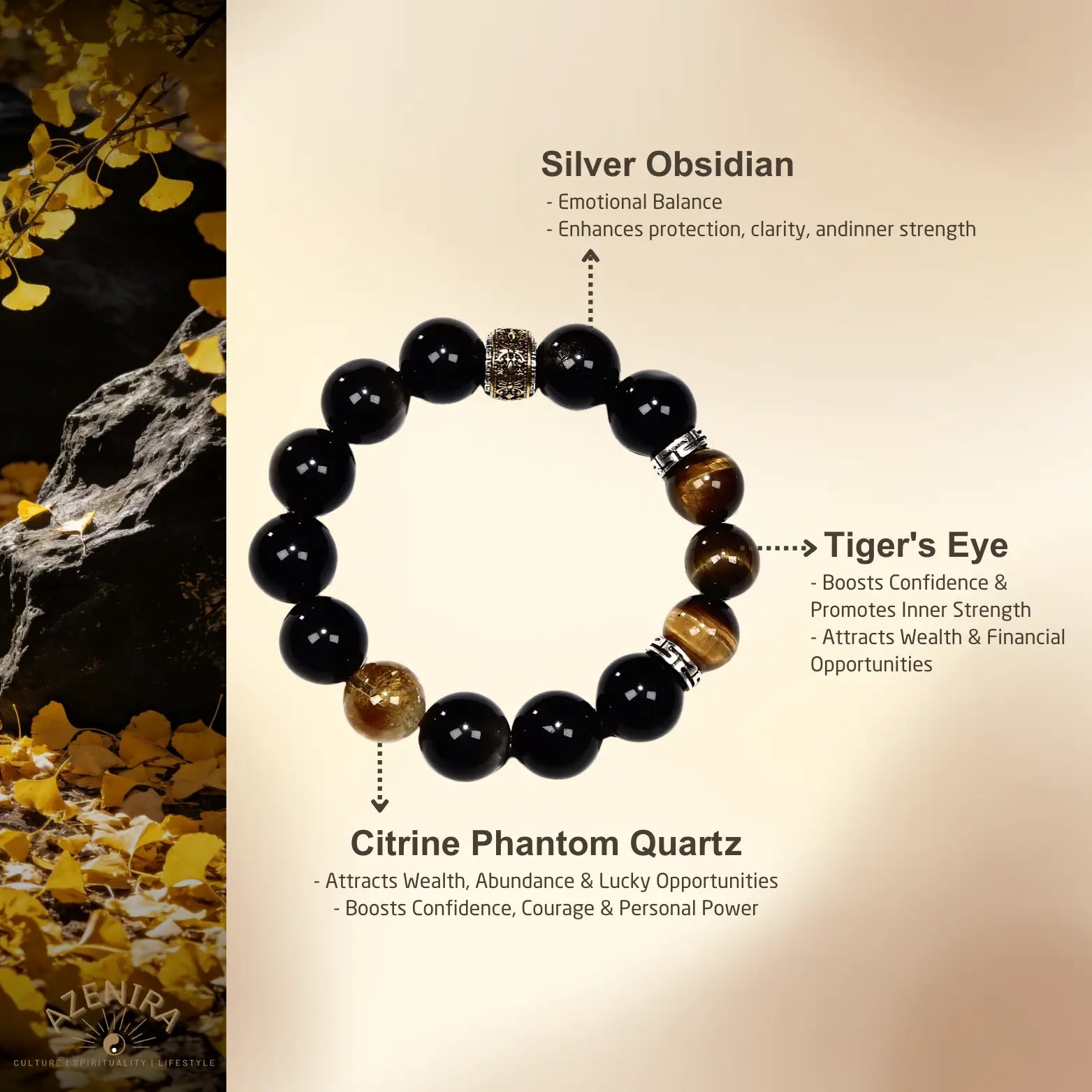 All Crystal Intentions of 14mm Silver Obsidian Bracelet with Tibetan Prayer Wheel Bead