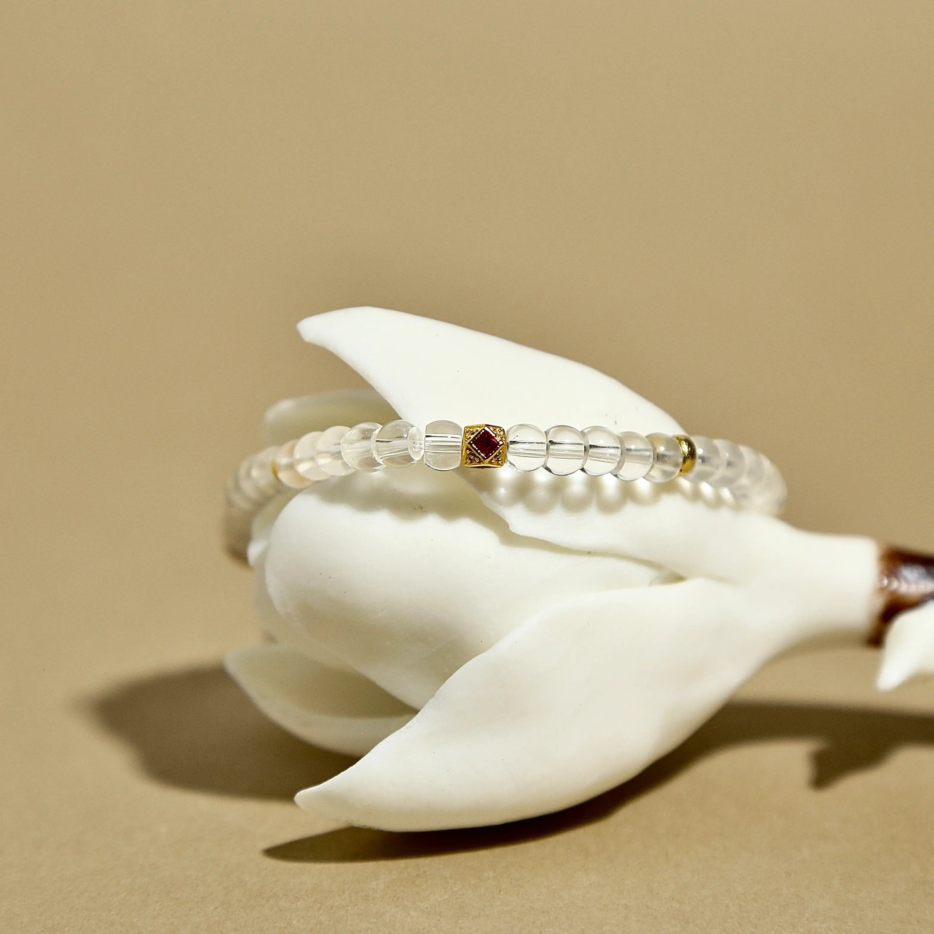 5mm Clear Quartz Bracelet with Aquamarine & Gold-Plated Tibetan Octagonal Beads