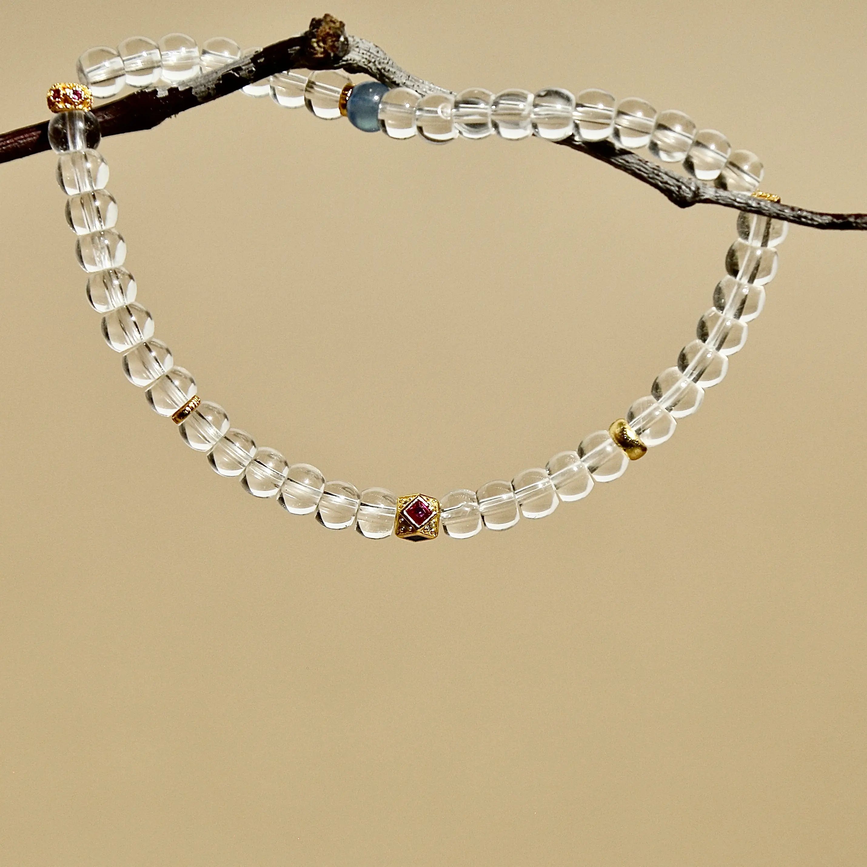 5mm Clear Quartz Bracelet with Aquamarine & Gold-Plated Tibetan Octagonal Beads