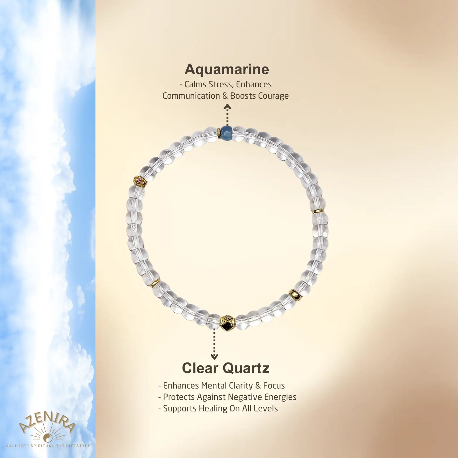 All Crystal Intentions of 5mm Clear Quartz Bracelet with Aquamarine & Gold-Plated Tibetan Octagonal Beads