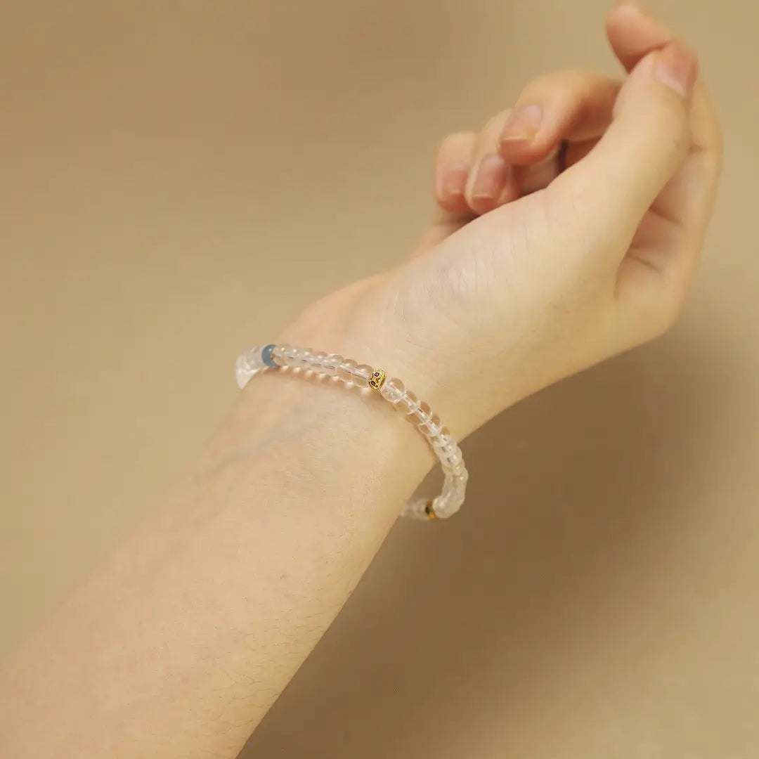 5mm Clear Quartz Bracelet with Aquamarine & Gold-Plated Tibetan Octagonal Beads