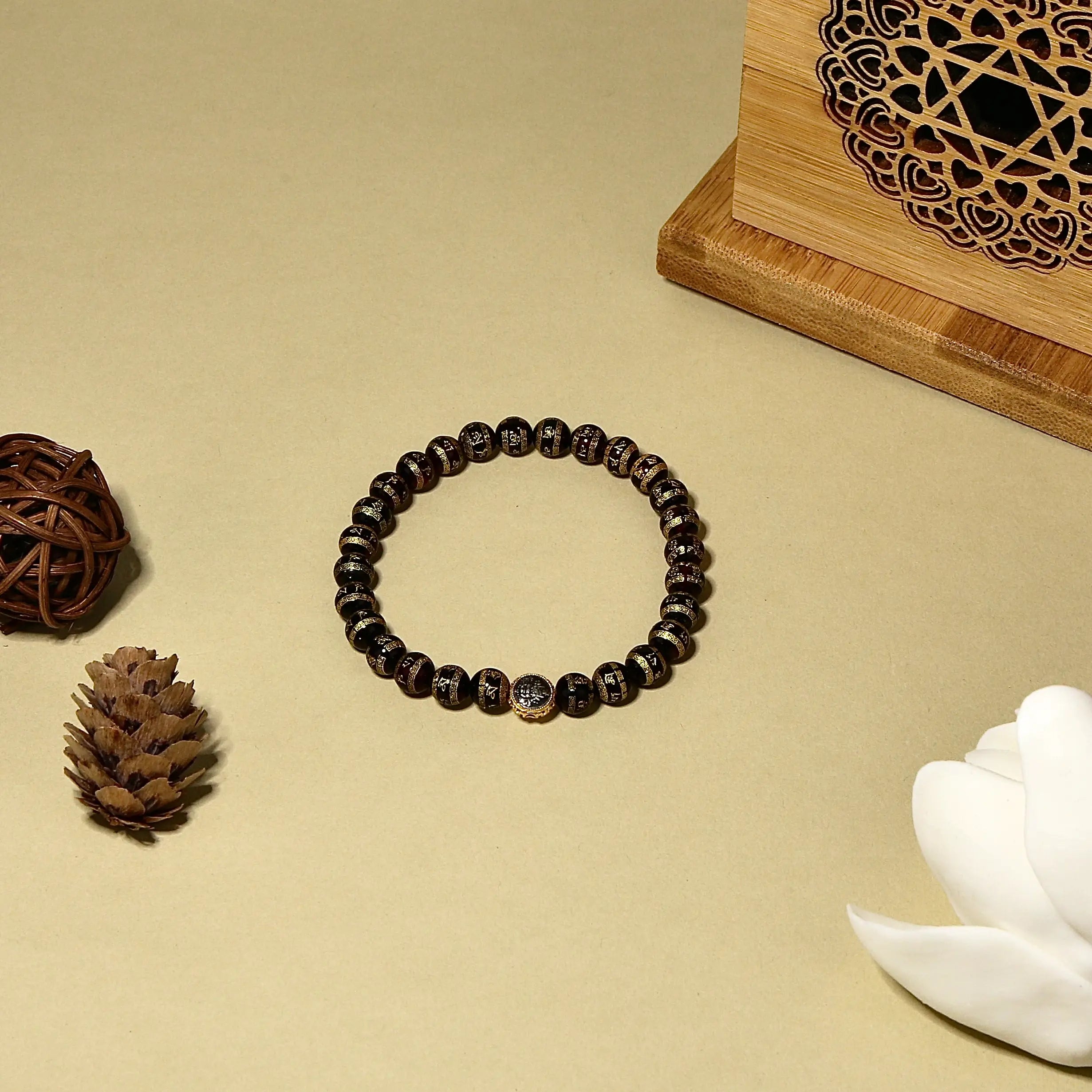 6.5mm Blood Amber Bracelet with Six-Word Mantra & Yellow Jambhala, Designed for Healing and Protection