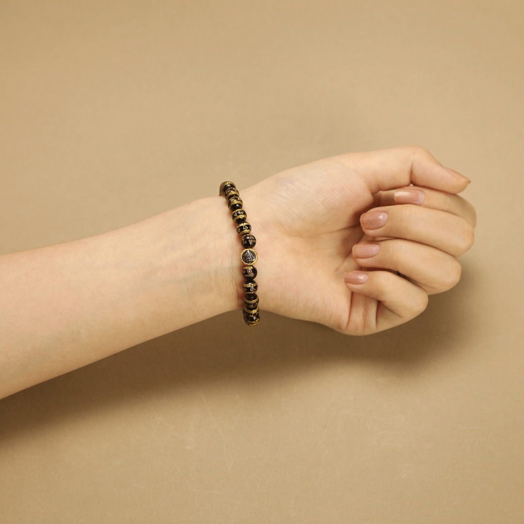 6.5mm Blood Amber Bracelet with Six-Word Mantra & Yellow Jambhala