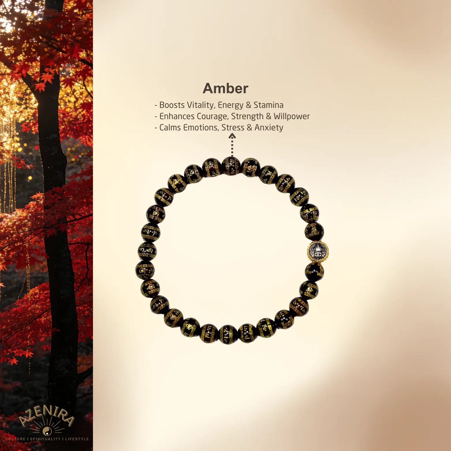 All Crystal Intentions of 6.5mm Blood Amber Bracelet with Six-Word Mantra & Yellow Jambhala