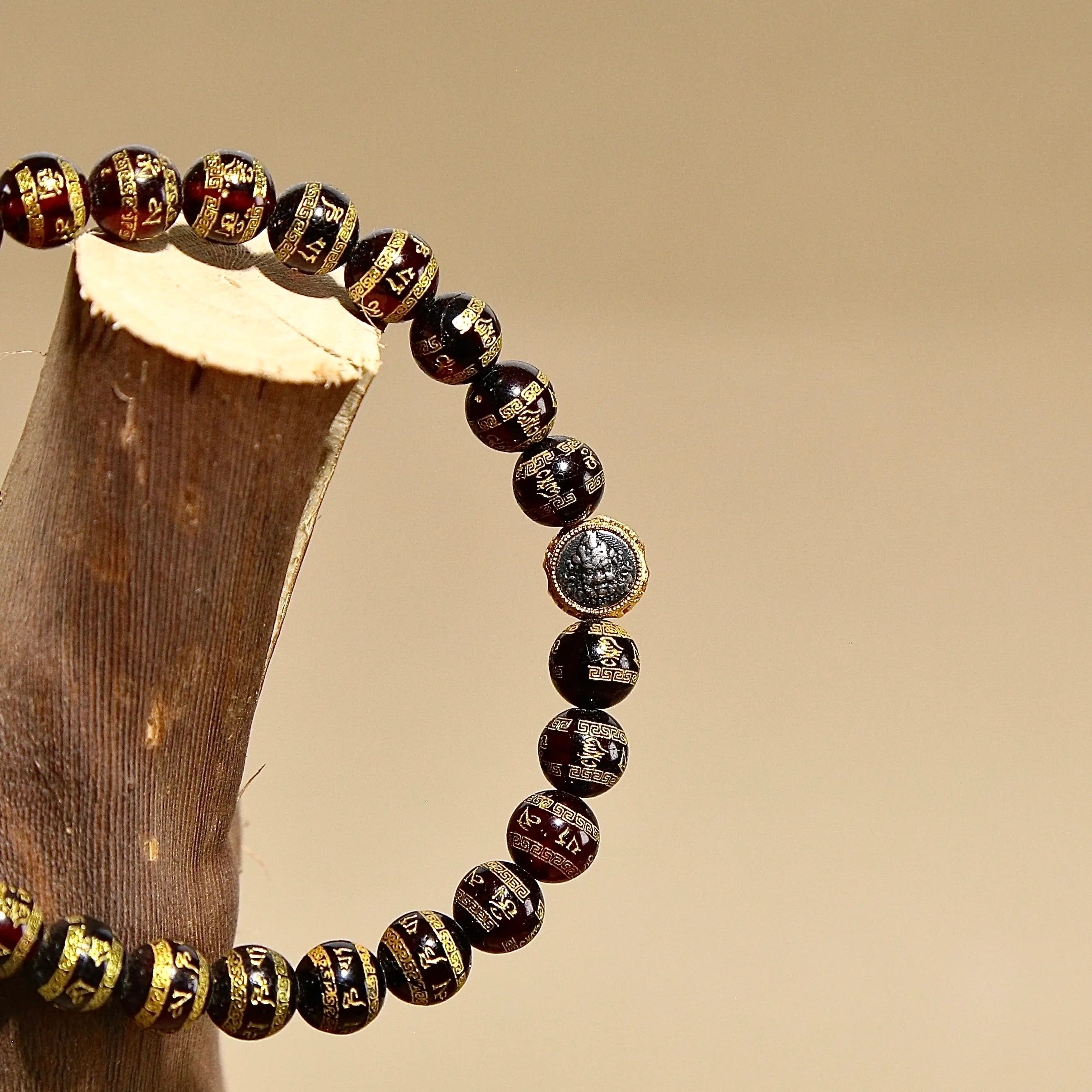 6.5mm Blood Amber Bracelet with Six-Word Mantra & Yellow Jambhala, Designed for Healing and Protection