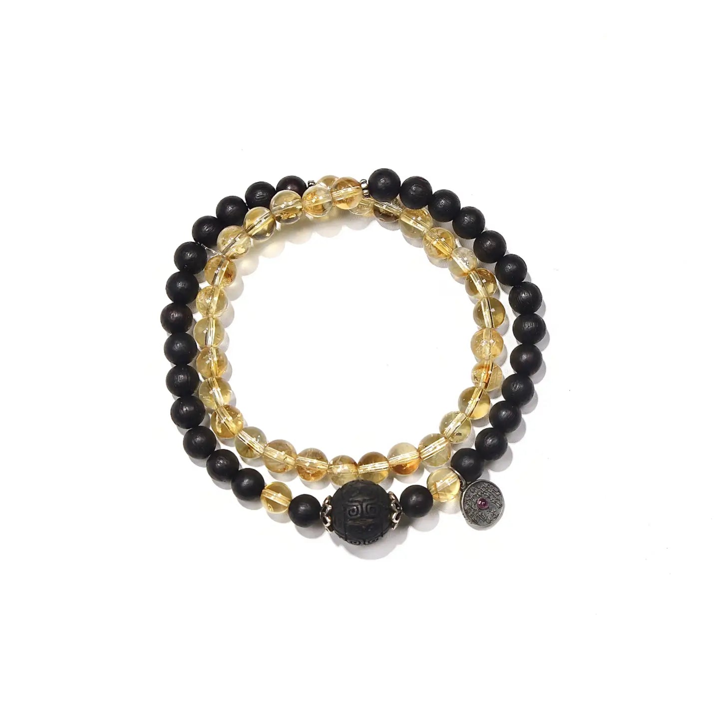 6mm Citrine & Agarwood Double Circle Bracelet with Tourmaline Silver Pendant