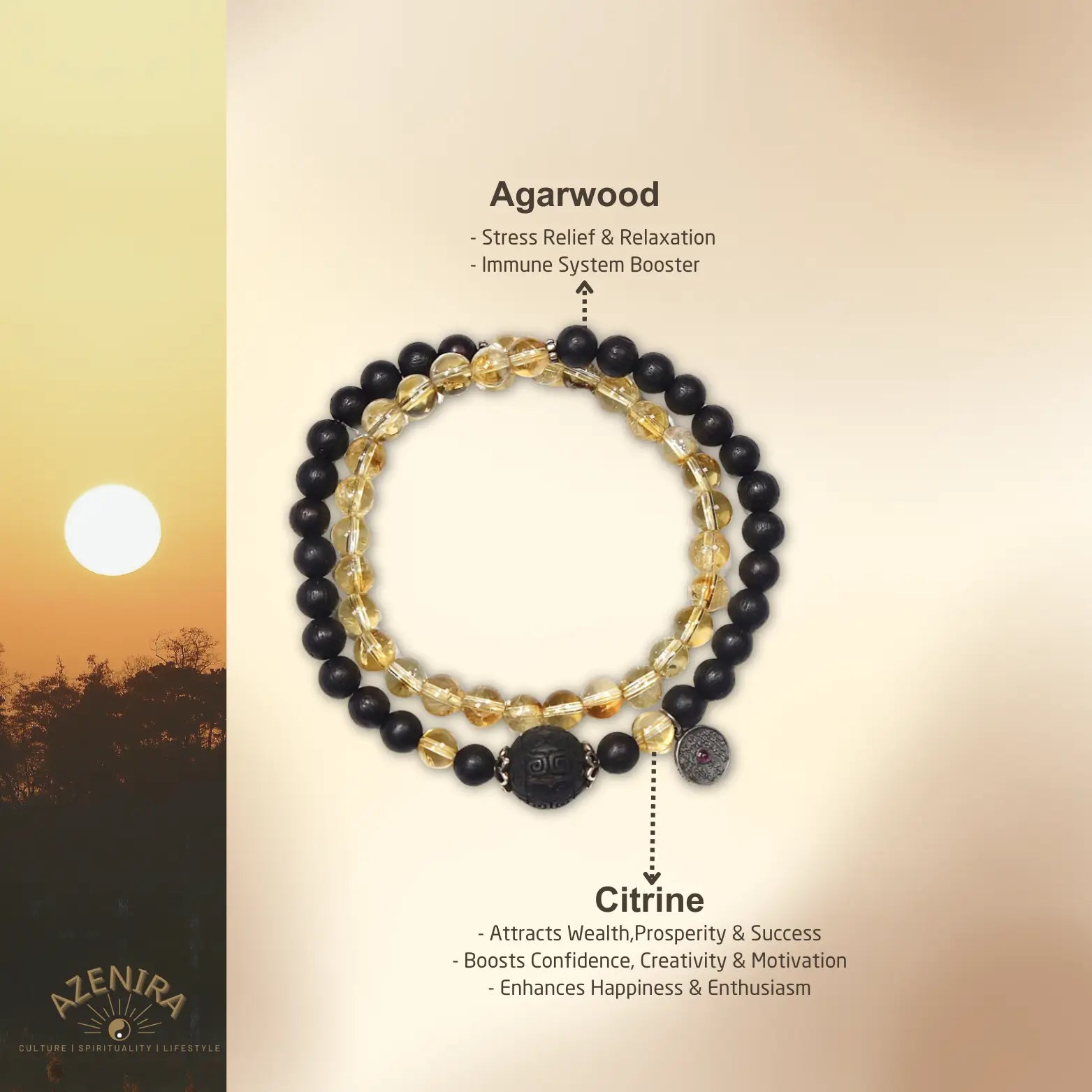All Crystal Intentions of 6mm Citrine & Agarwood Double Circle Bracelet with Tourmaline Silver Pendant