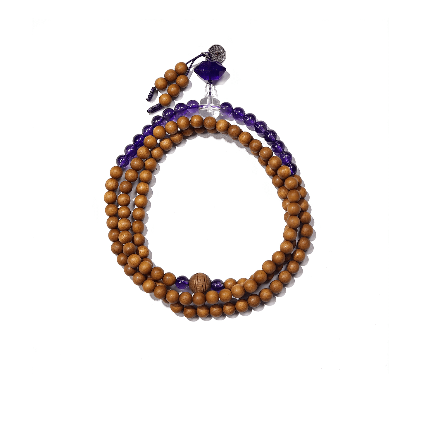 6mm Indian Sandalwood Mala Bracelet with Amethyst & Silver Charm