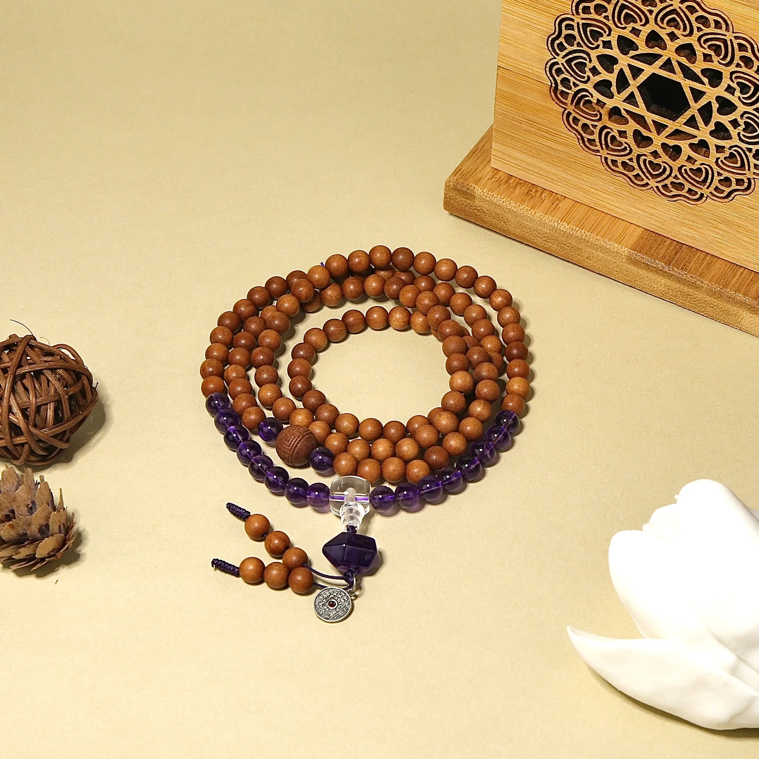 6mm Indian Sandalwood Mala Bracelet with Amethyst & Silver Charm