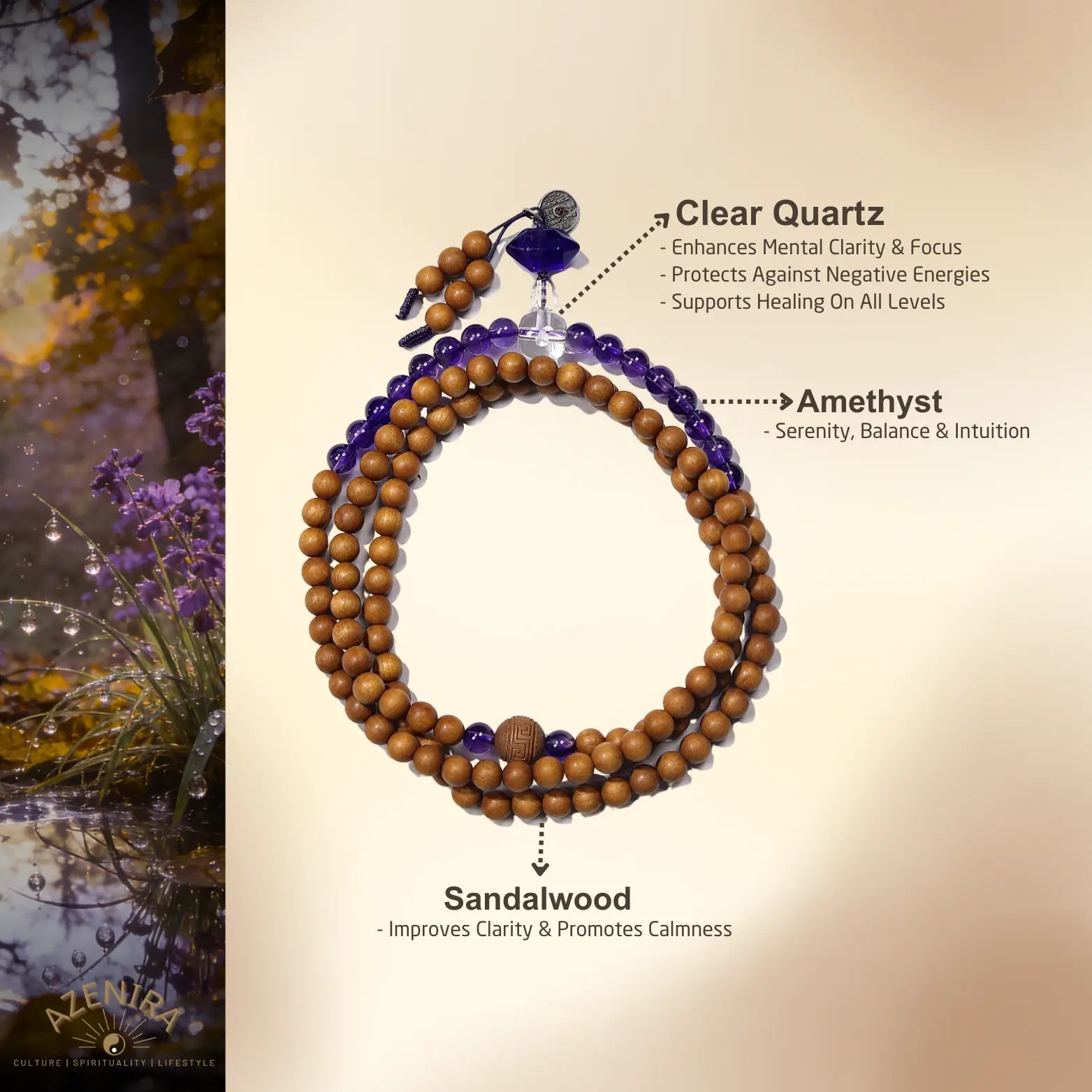 All Crystal Intentions of 6mm Indian Sandalwood Mala Bracelet with Amethyst & Silver Charm