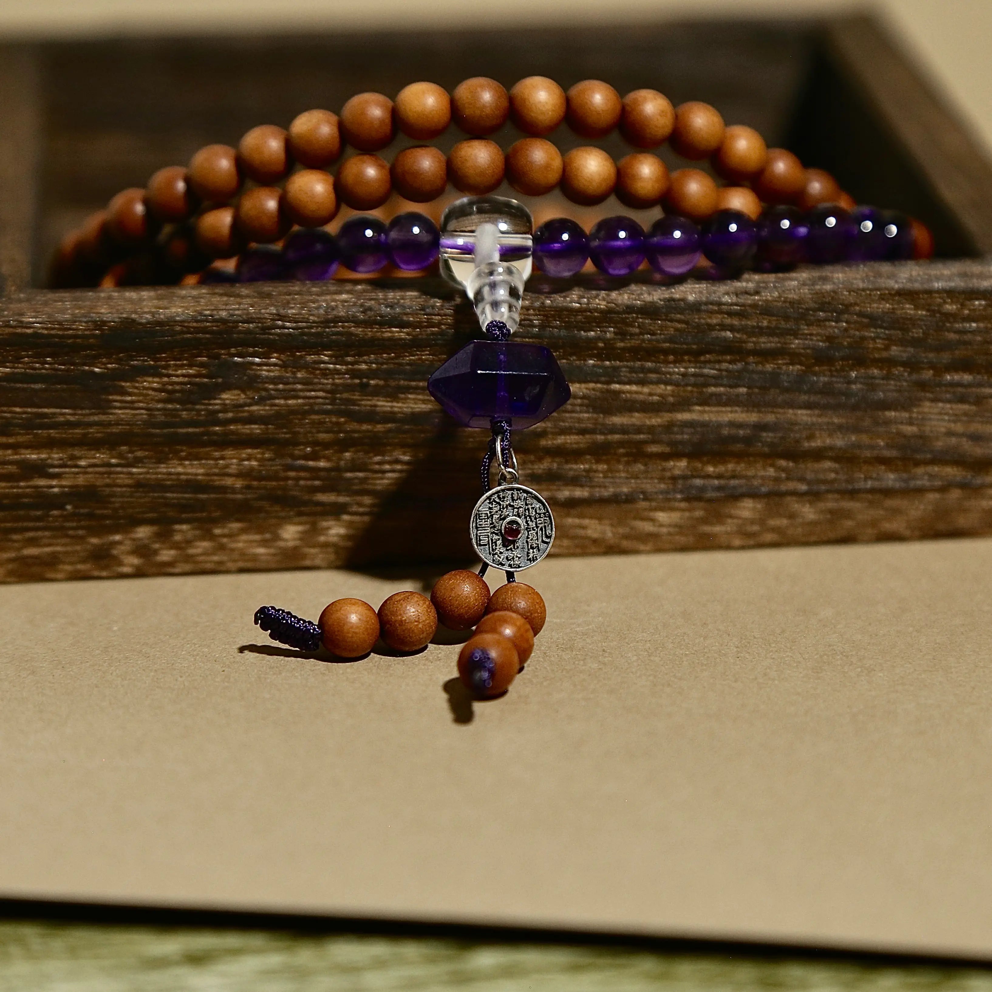 6mm Indian Sandalwood Mala Bracelet with Amethyst & Silver Charm