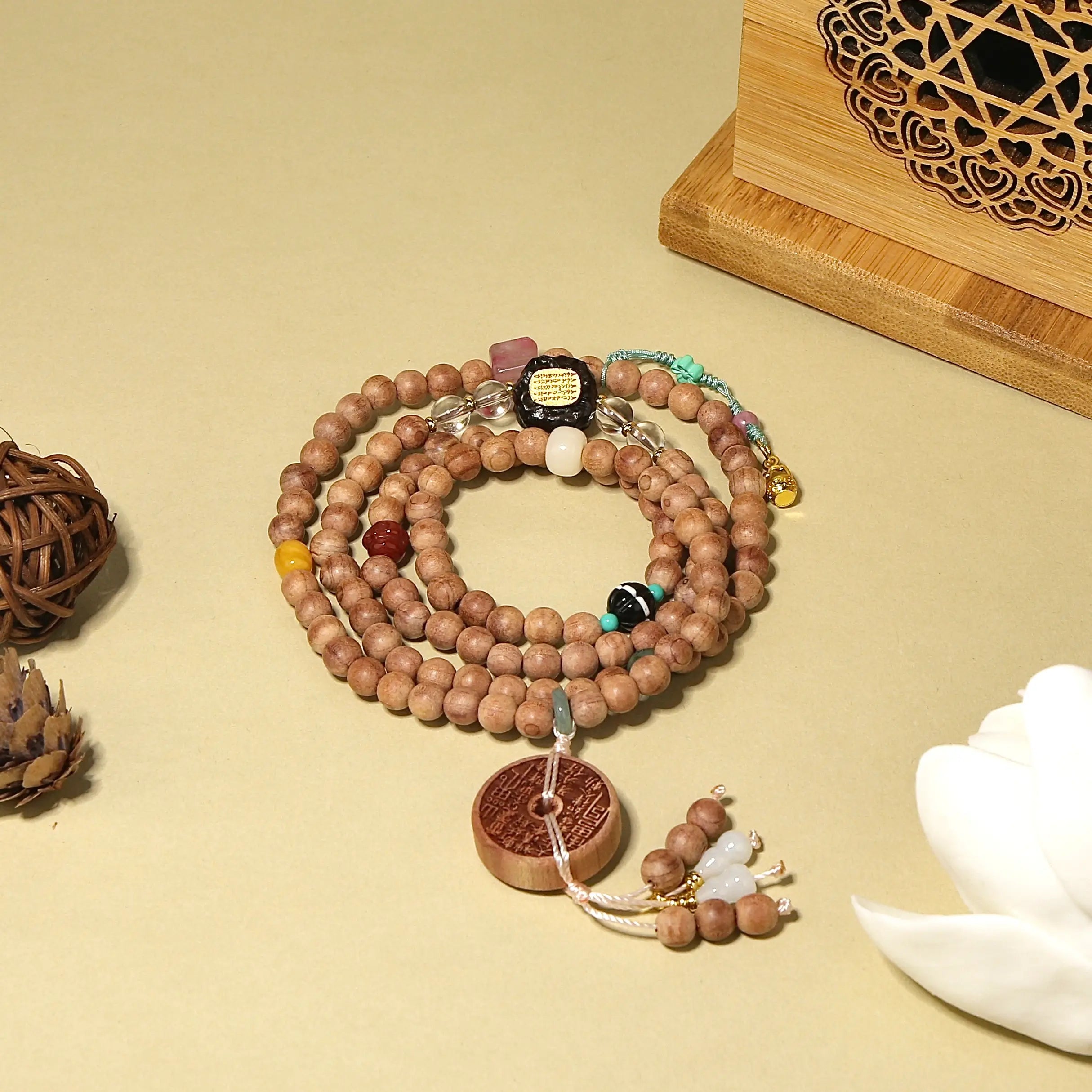6mm Natural Blood Cypress Beads Bracelet with Sacred Scriptures & Auspicious Charms