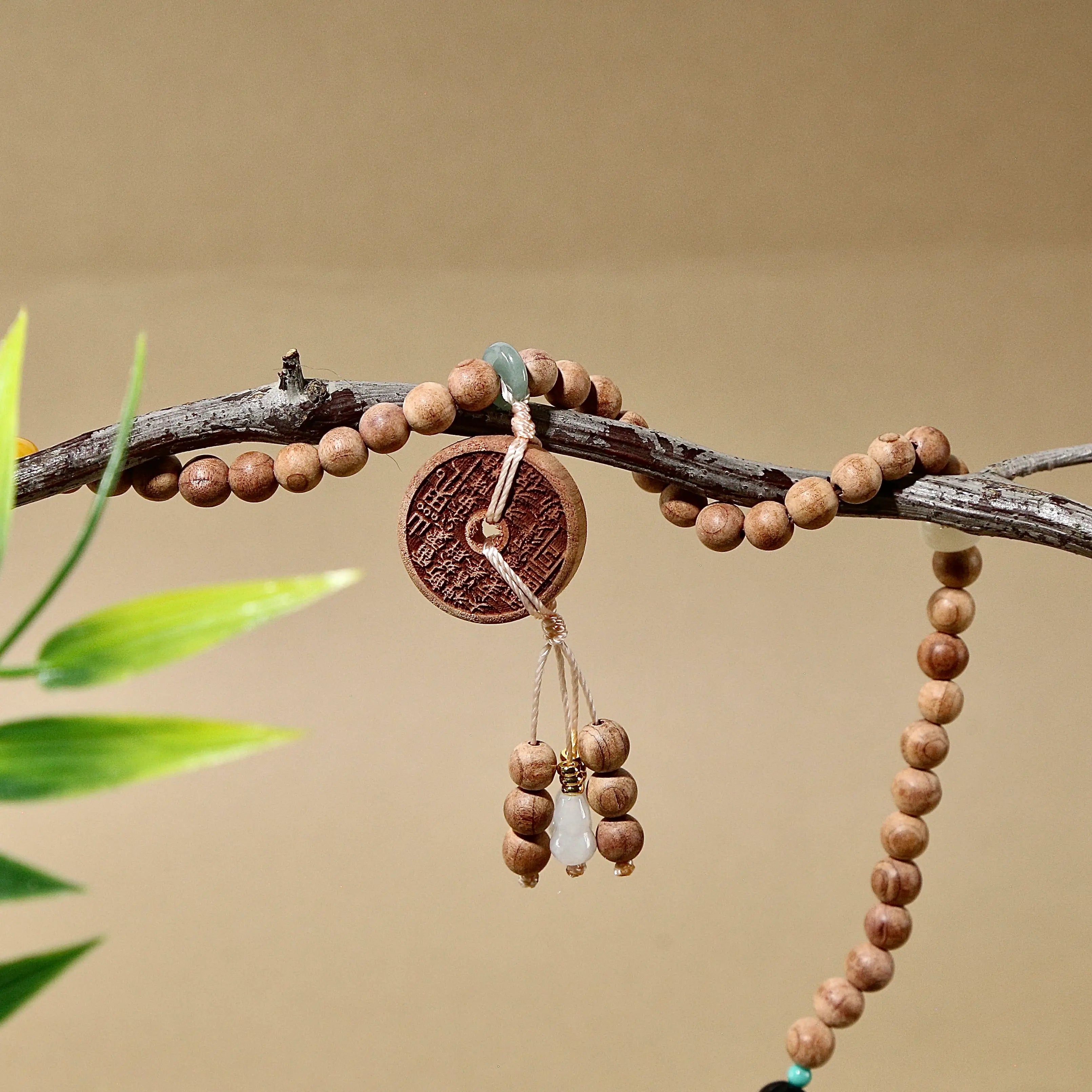 6mm Natural Blood Cypress Beads Bracelet with Sacred Scriptures & Auspicious Charms