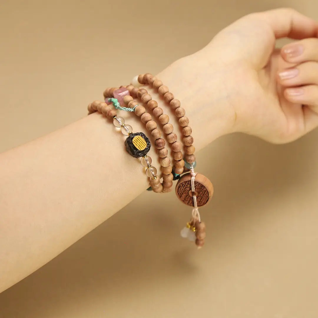6mm Natural Blood Cypress Beads Bracelet with Sacred Scriptures & Auspicious Charms