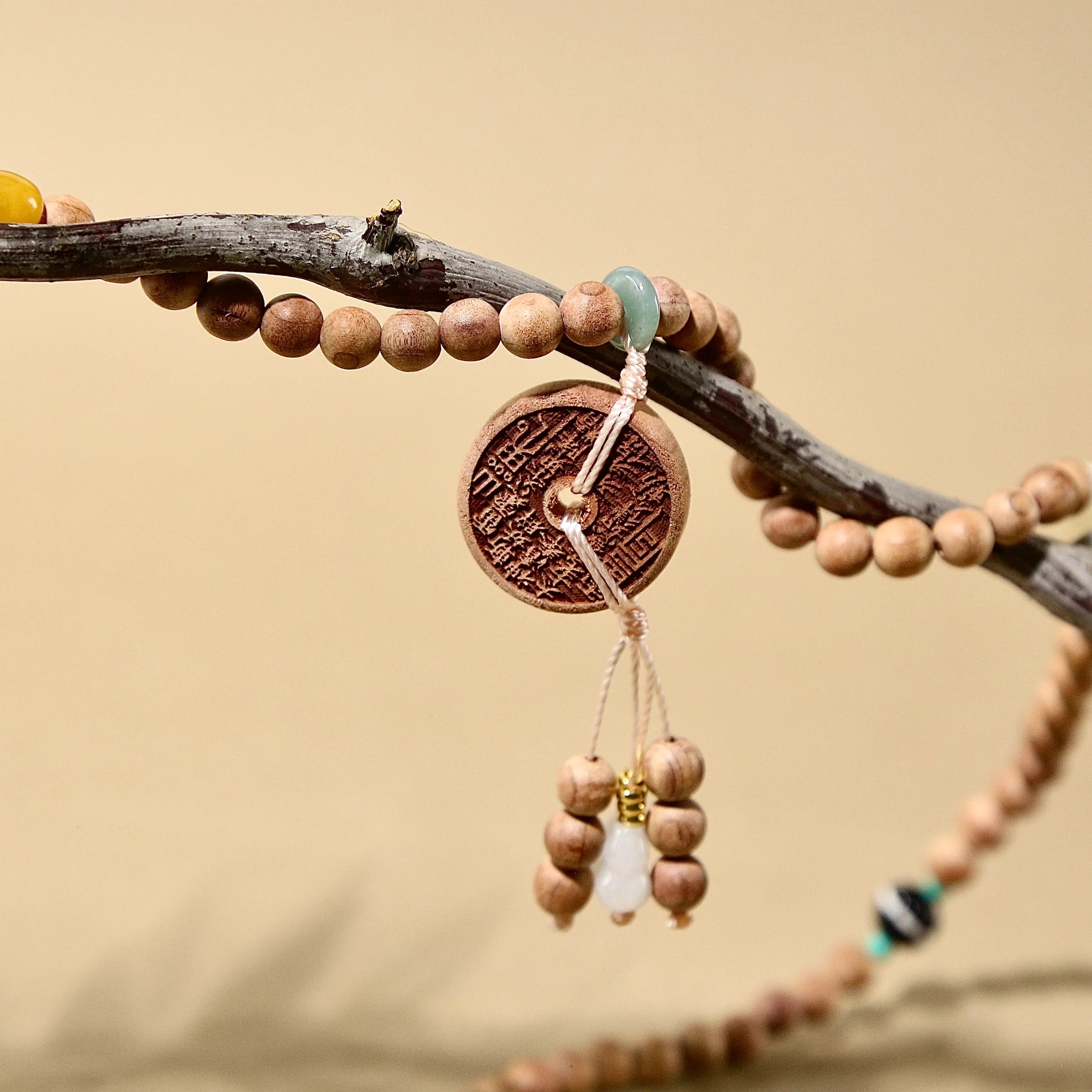 6mm Natural Blood Cypress Beads Bracelet with Sacred Scriptures & Auspicious Charms