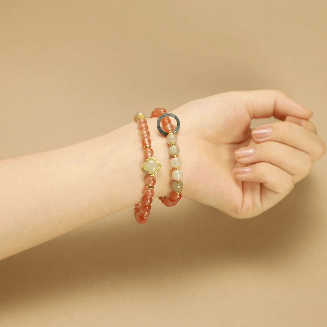 6mm Red Agate Double Wrap Bracelet with Jade & Jadeite Ring