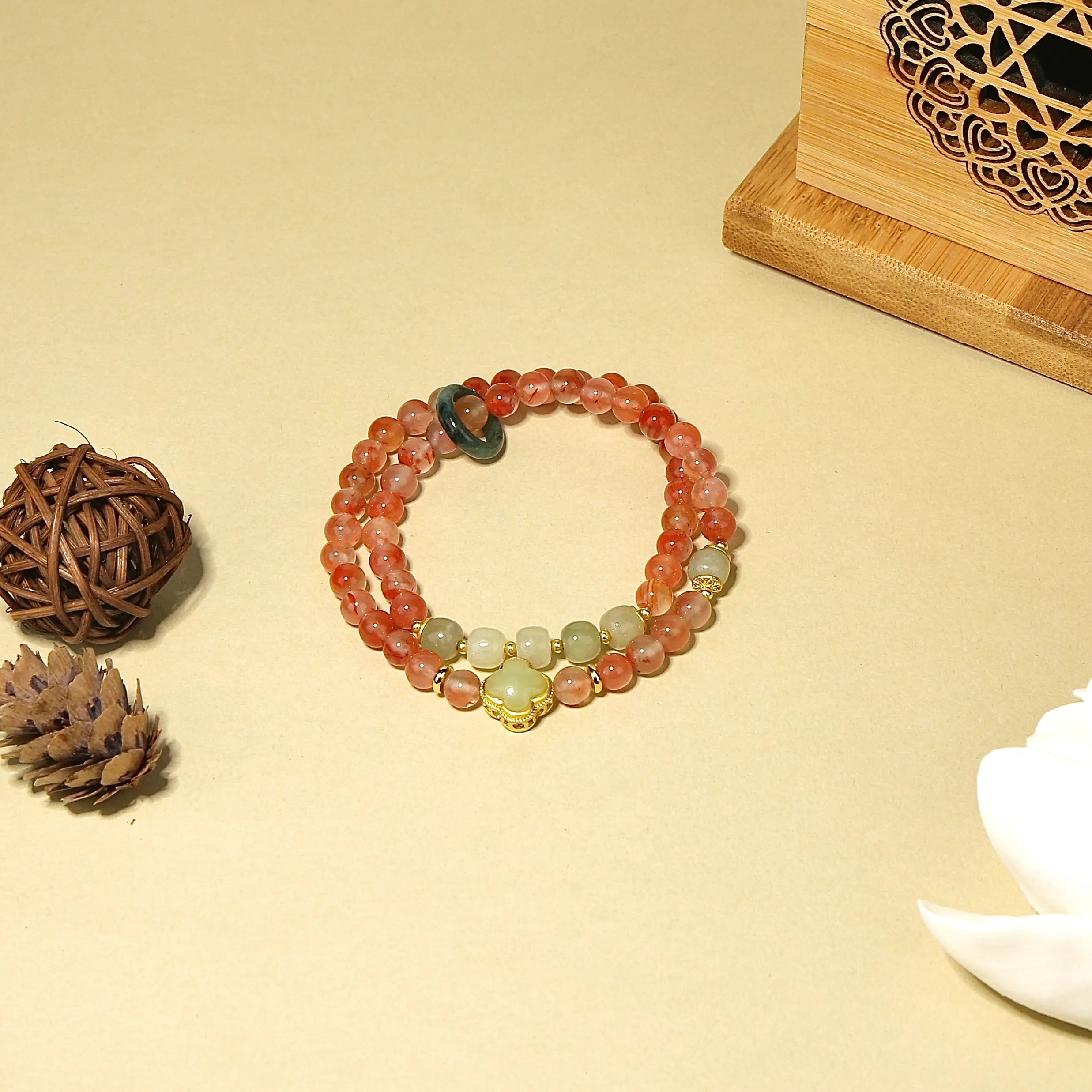 6mm Red Agate Double Wrap Bracelet with Jade & Jadeite Ring