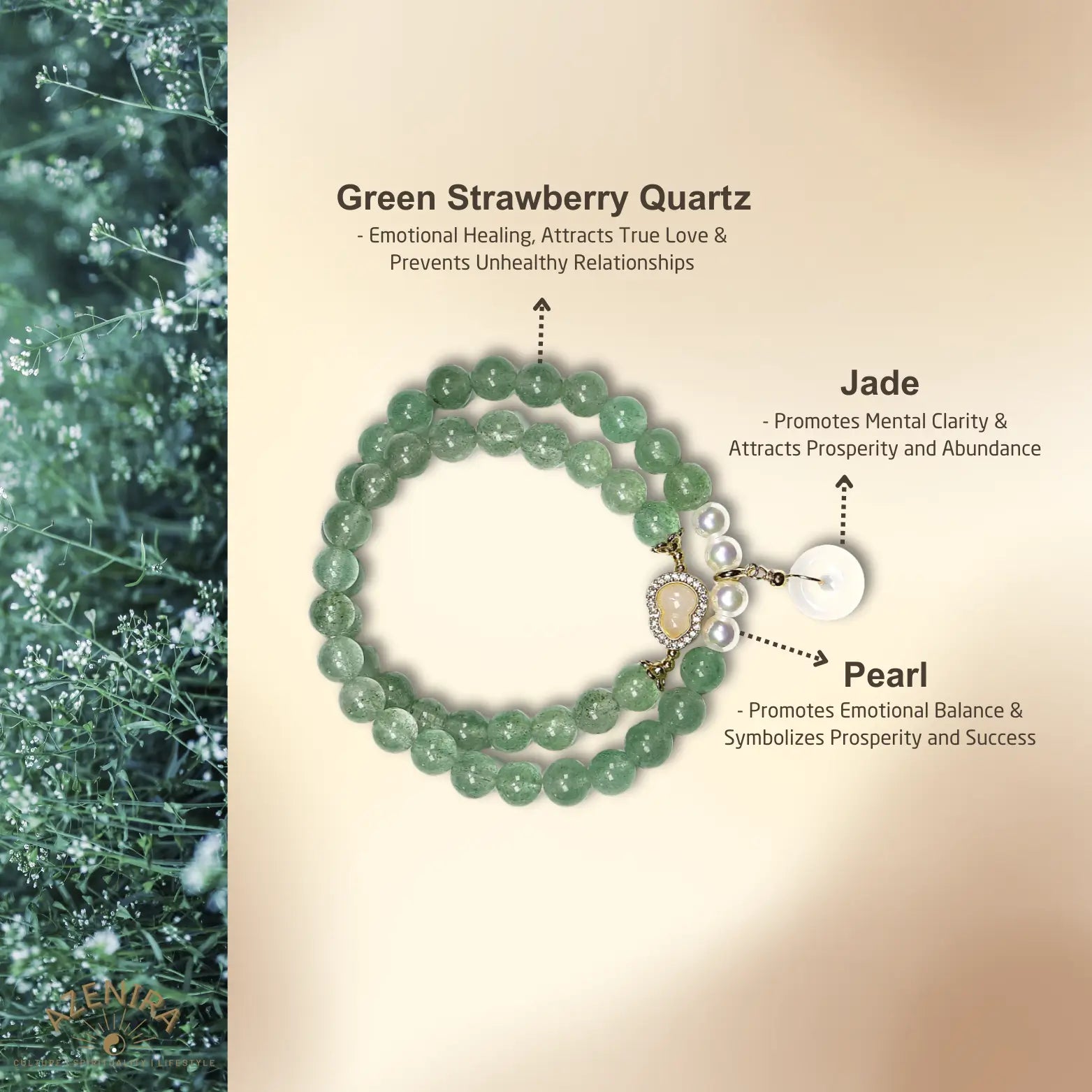 All Crystal Intentions of 7.5mm Green Strawberry Quartz Bracelet with Pearl & Agate Charms
