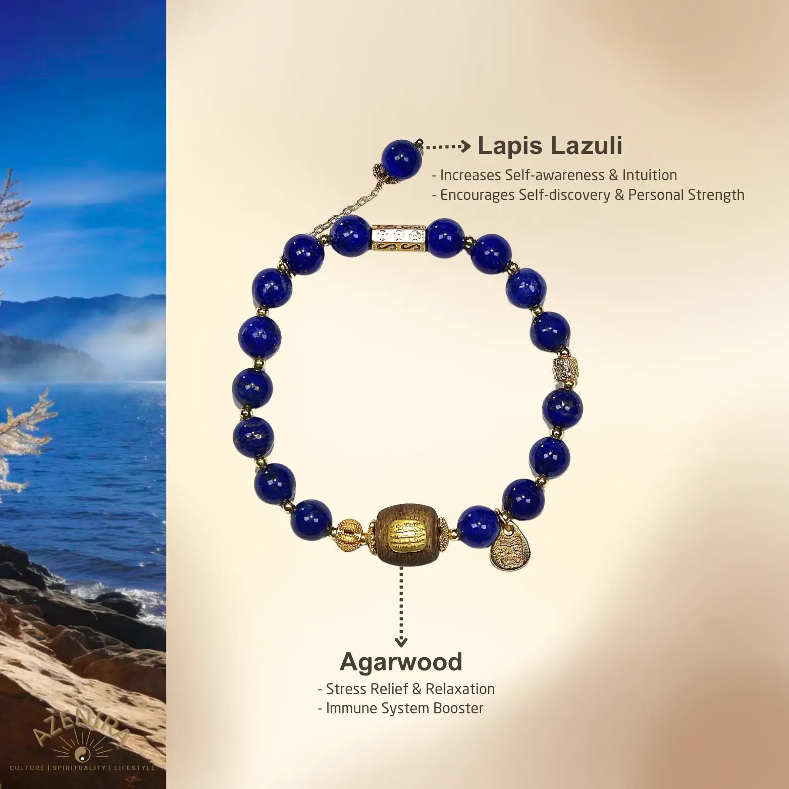 All Crystal Intentions of 7.5mm Lapis Lazuli Bracelet with Six-Word Mantra Agarwood Bead
