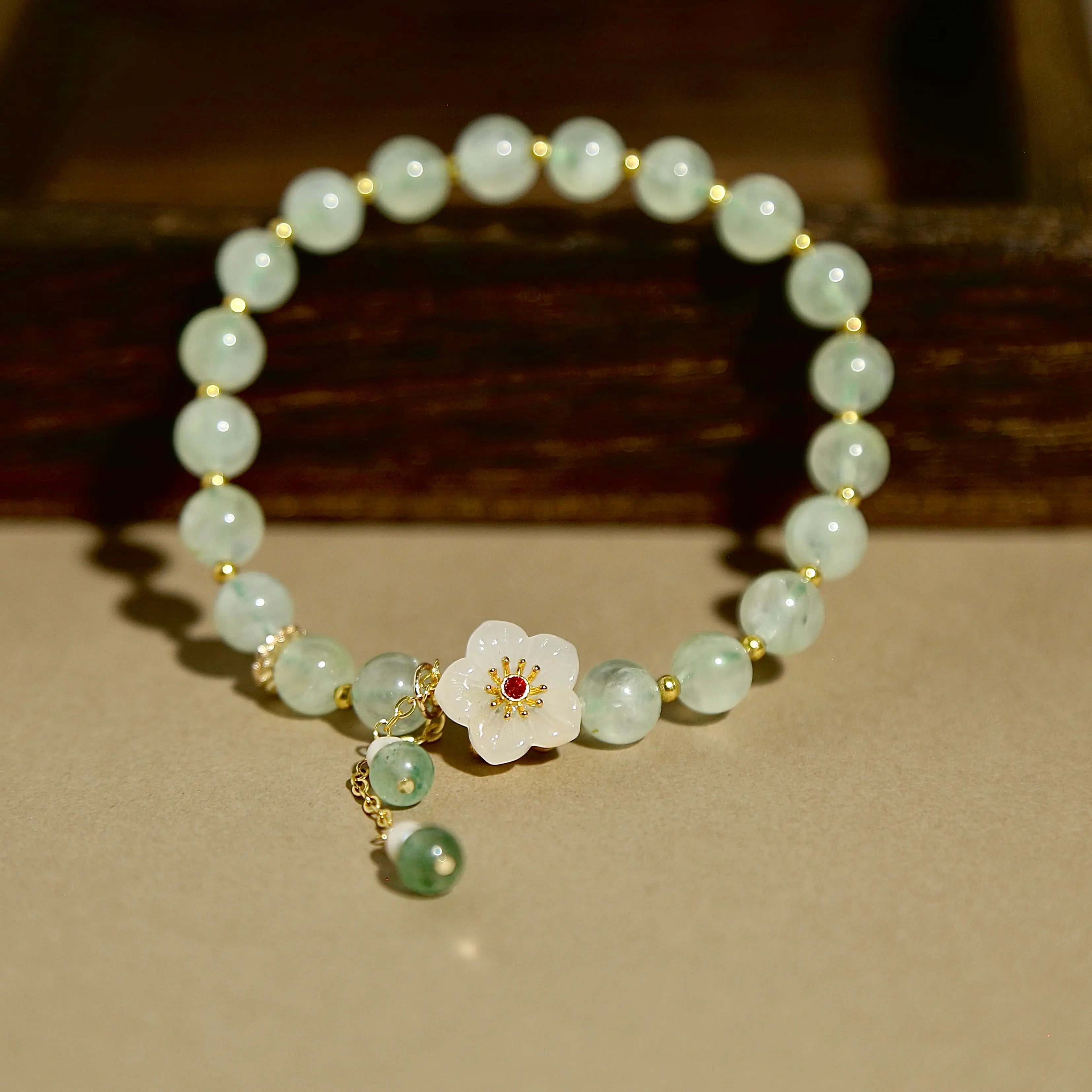 7.5mm Prehnite Healing Bracelet with Sakura Agate