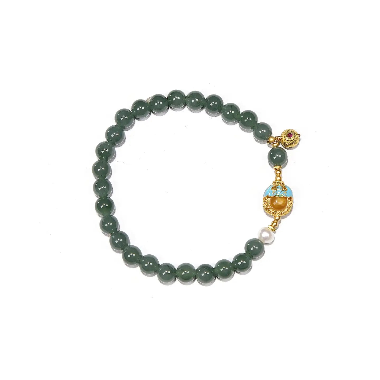 7mm Blue Jadeite bracelet named Serenity & Elegance, featuring a floral bead charm on white background.