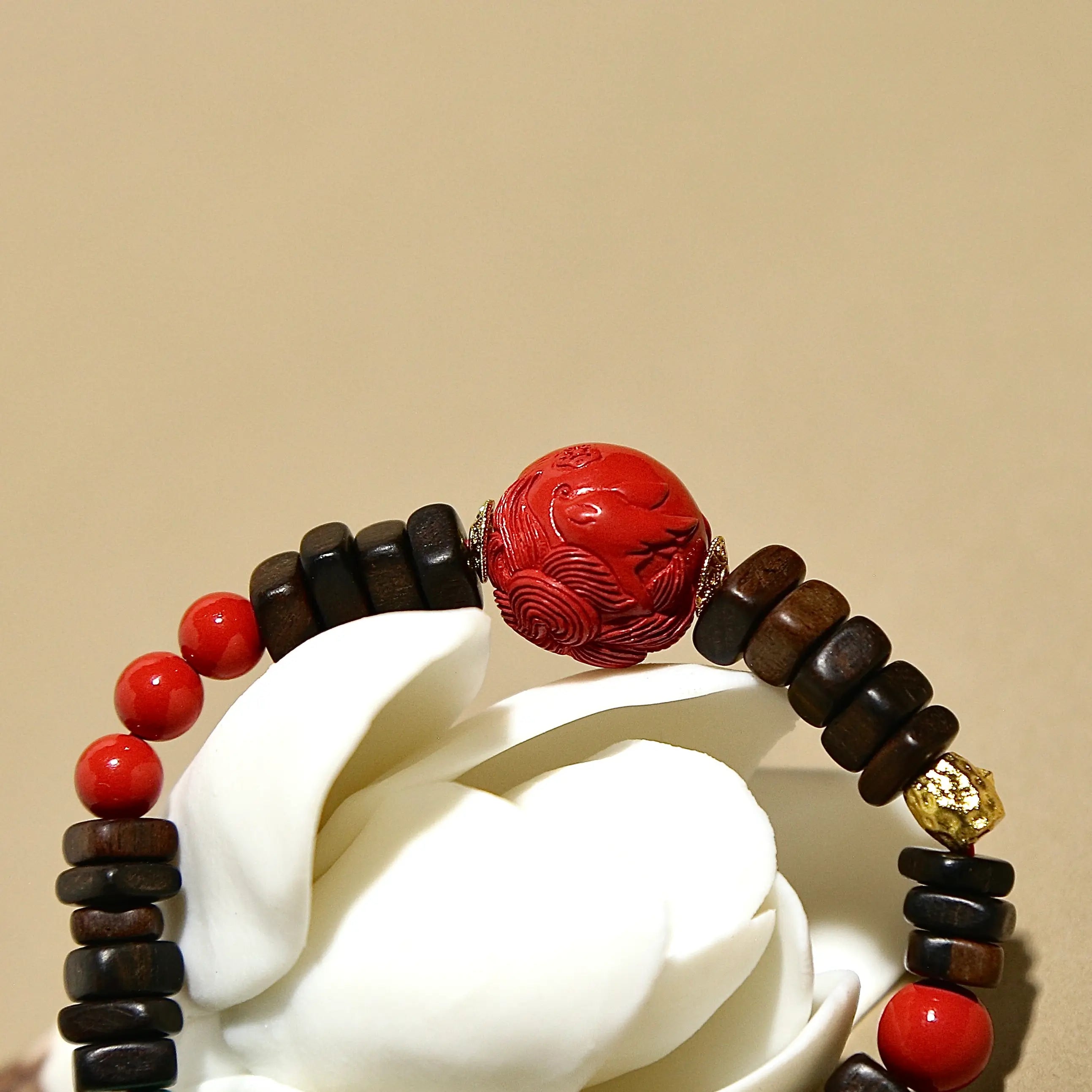 7mm Agarwood Bracelet with Cinnabar Fox & Lotus Agate