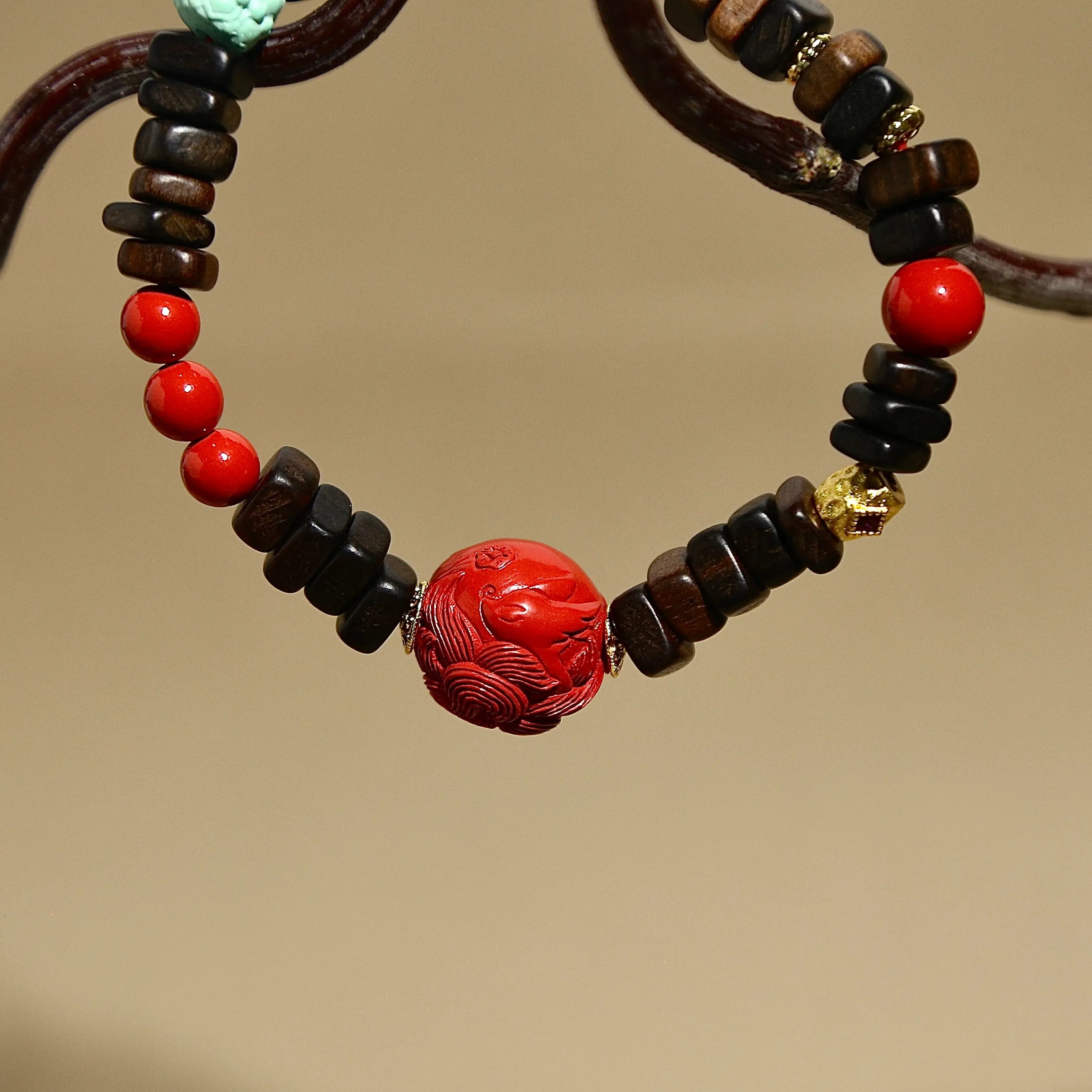 7mm Agarwood Bracelet with Cinnabar Fox & Lotus Agate