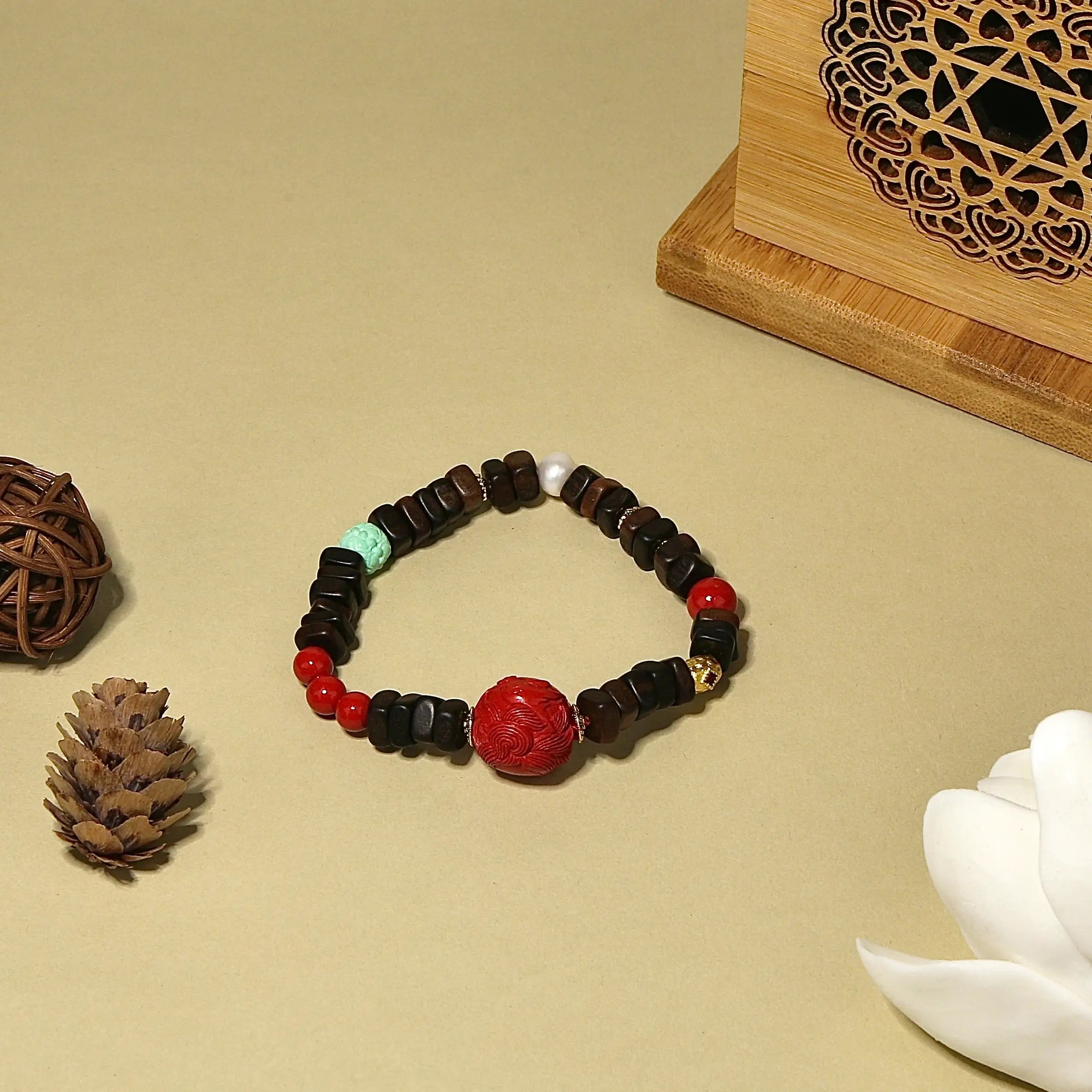 7mm Agarwood Bracelet with Cinnabar Fox & Lotus Agate