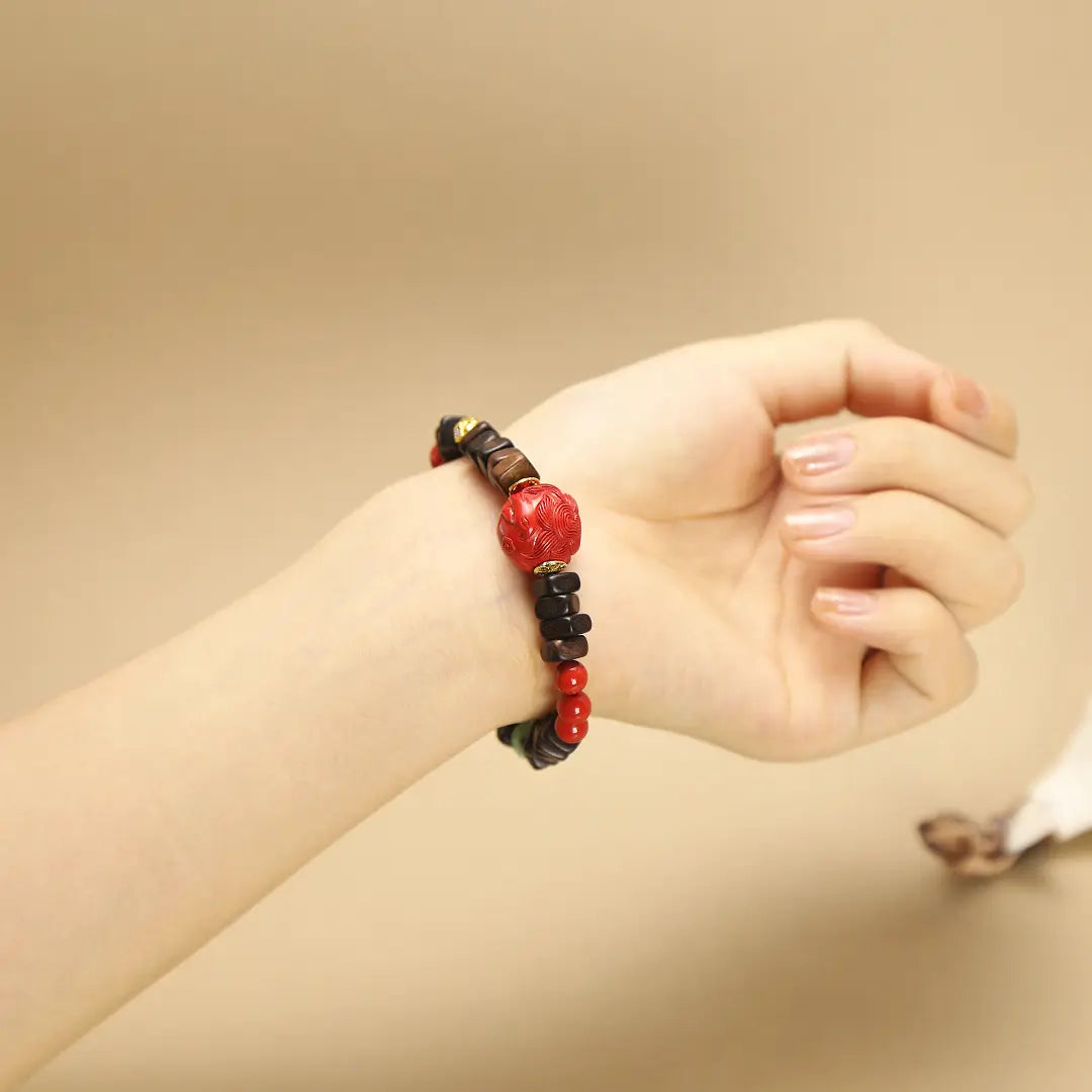 7mm Agarwood Bracelet with Cinnabar Fox & Lotus Agate