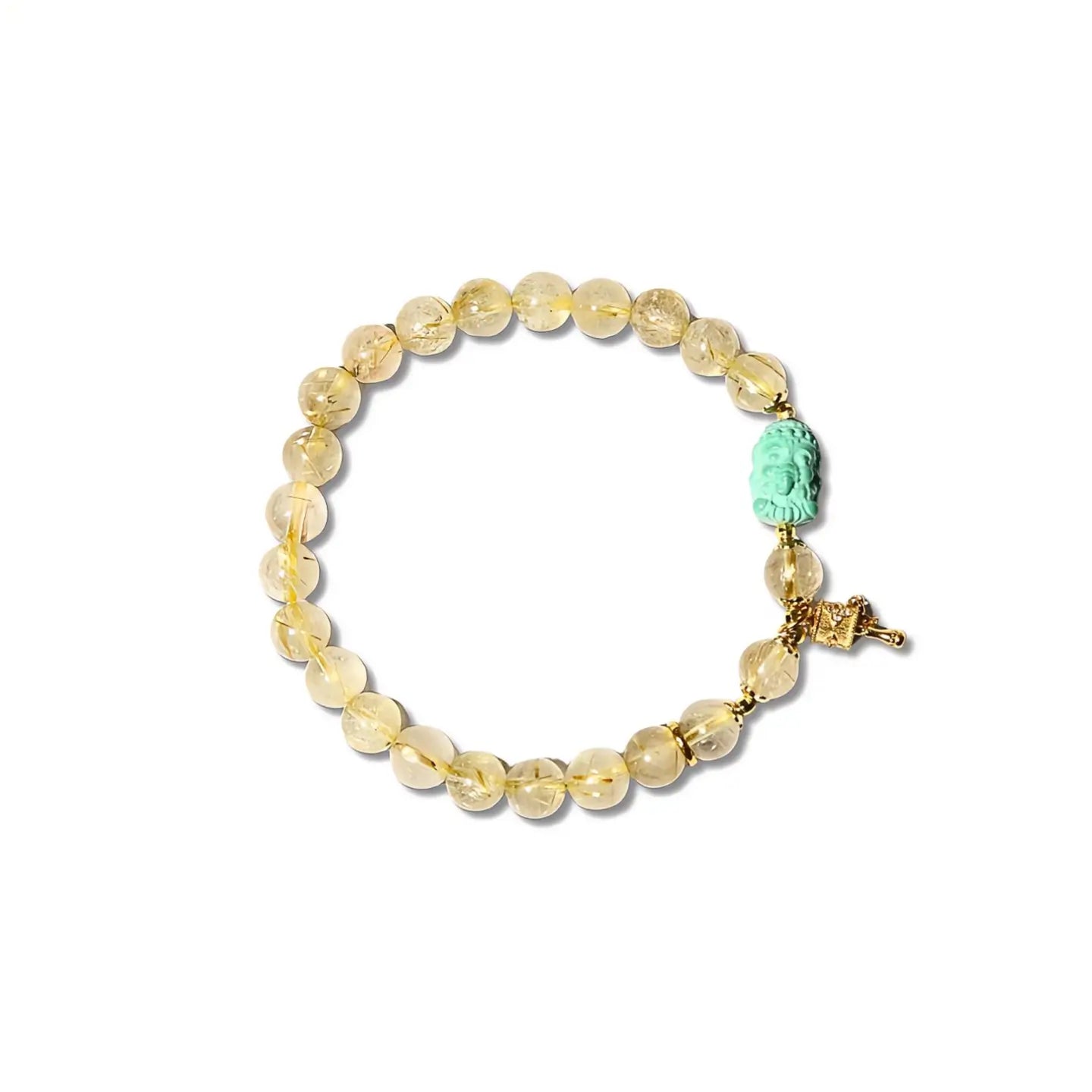 7mm Golden Rutilated Quartz Bracelet with Green Agate Ganesha & Prayer Wheel, front view on white background.