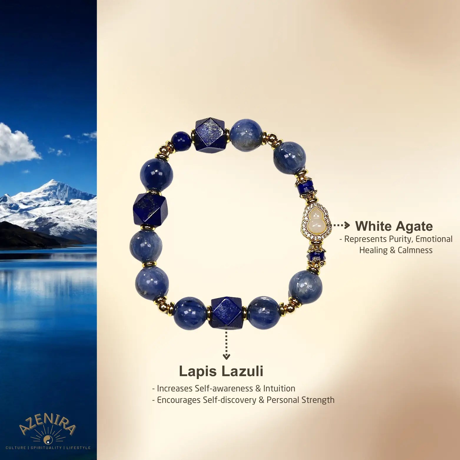 All Crystal Intentions of 7mm Lapis Lazuli Bracelet with White Agate Inlay