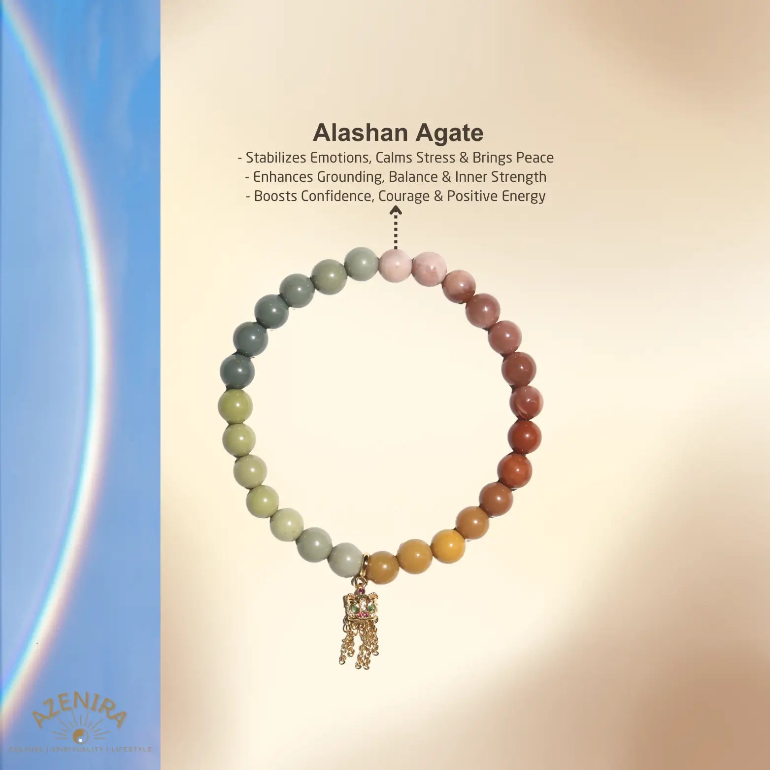 All Crystal Intentions of 7mm Rainbow Agate Bracelet with Lucky Lion Tassel