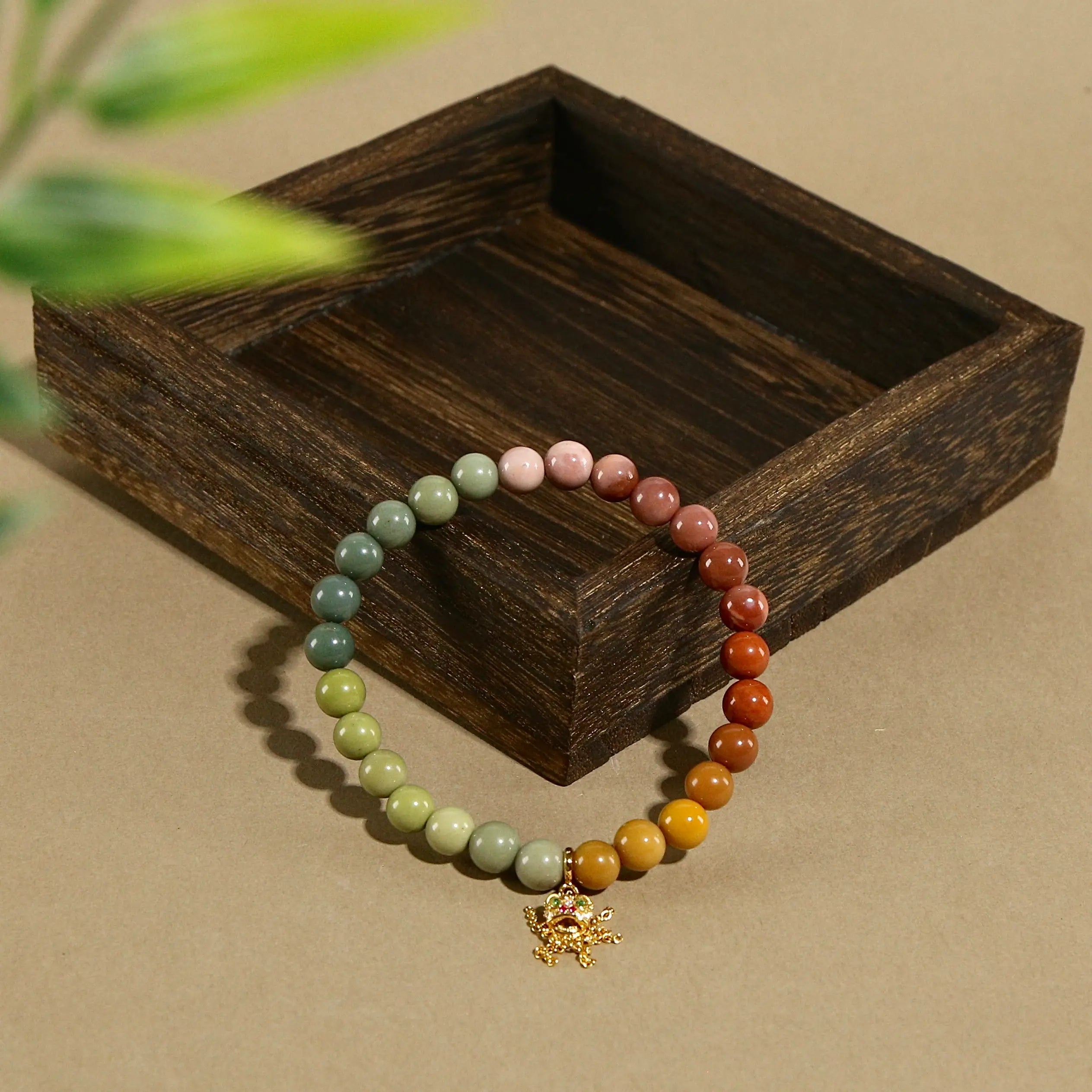 7mm Rainbow Agate Bracelet with Lucky Lion Tassel