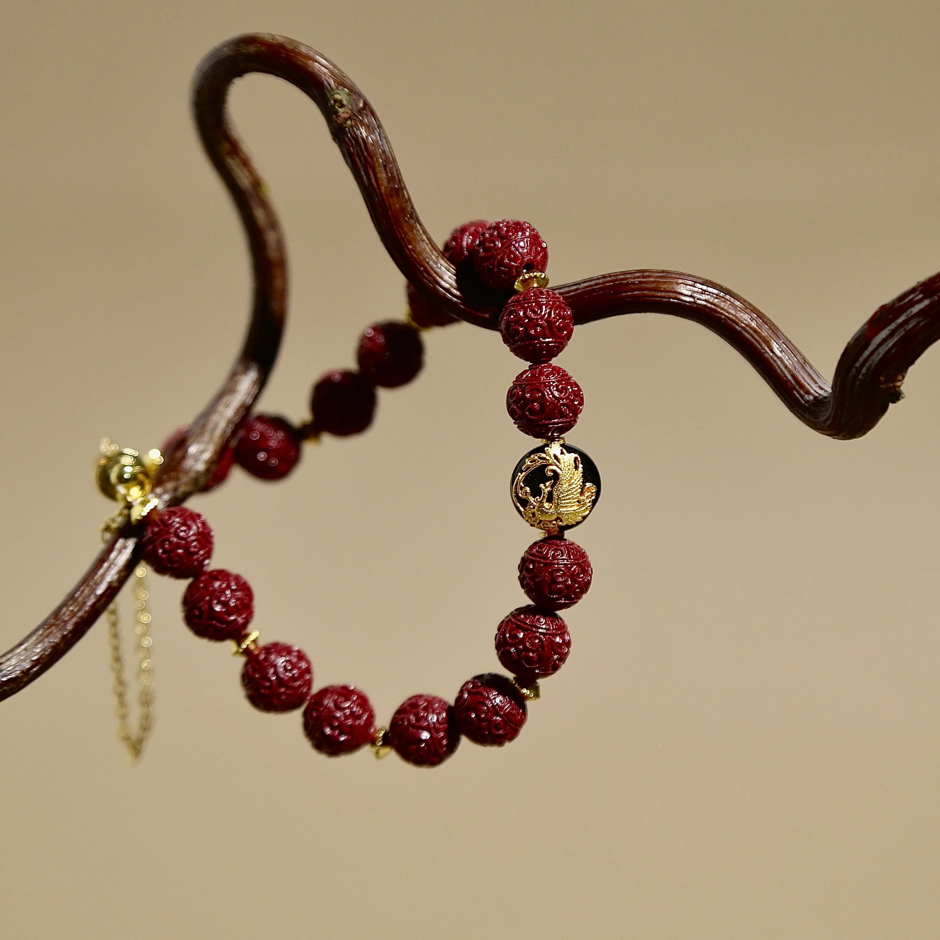 8.5mm Cinnabar Pattern Bracelet with Golden Phoenix, Designed for Wealth and Protection
