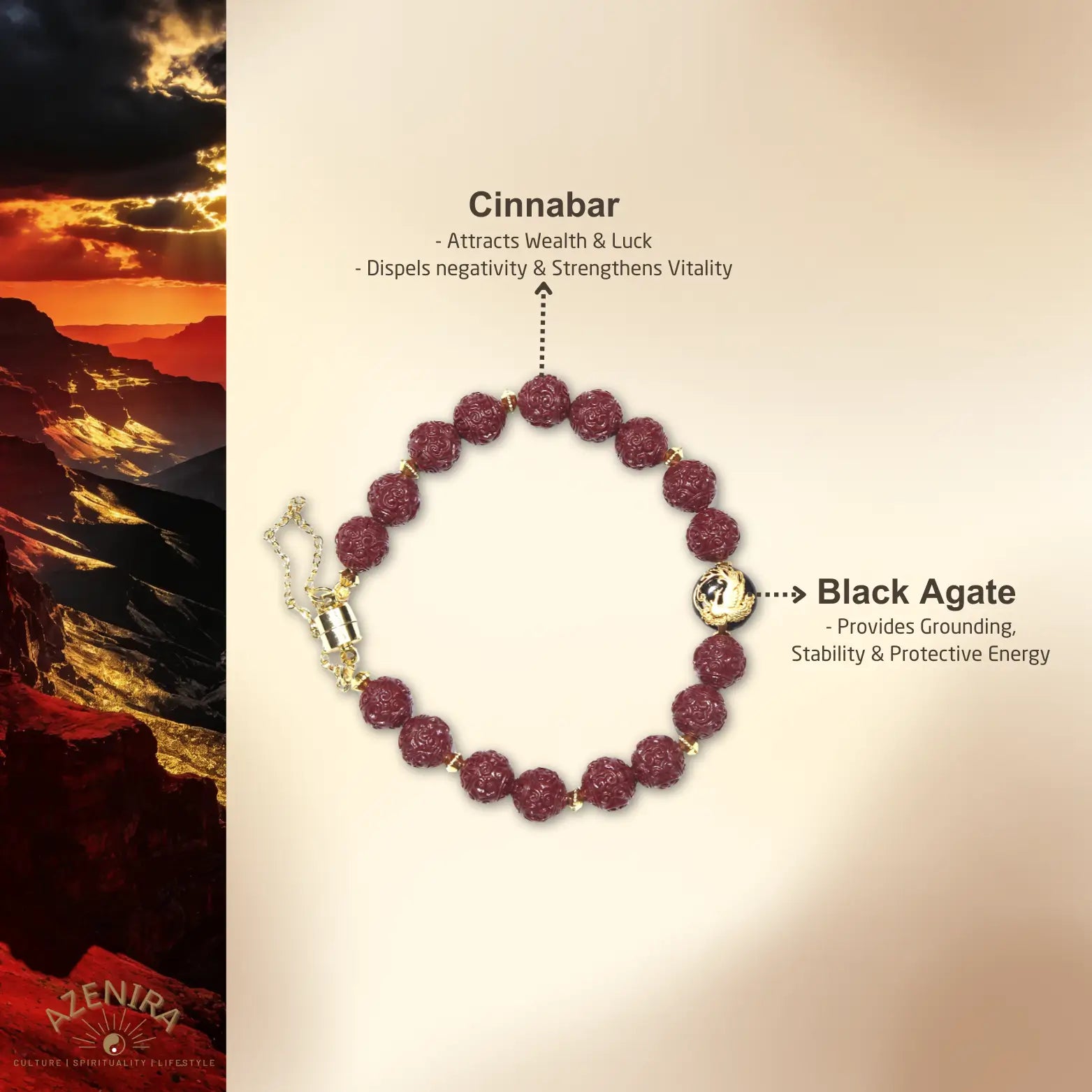 All Crystal Intentions of 8.5mm Cinnabar Pattern Bracelet with Golden Phoenix